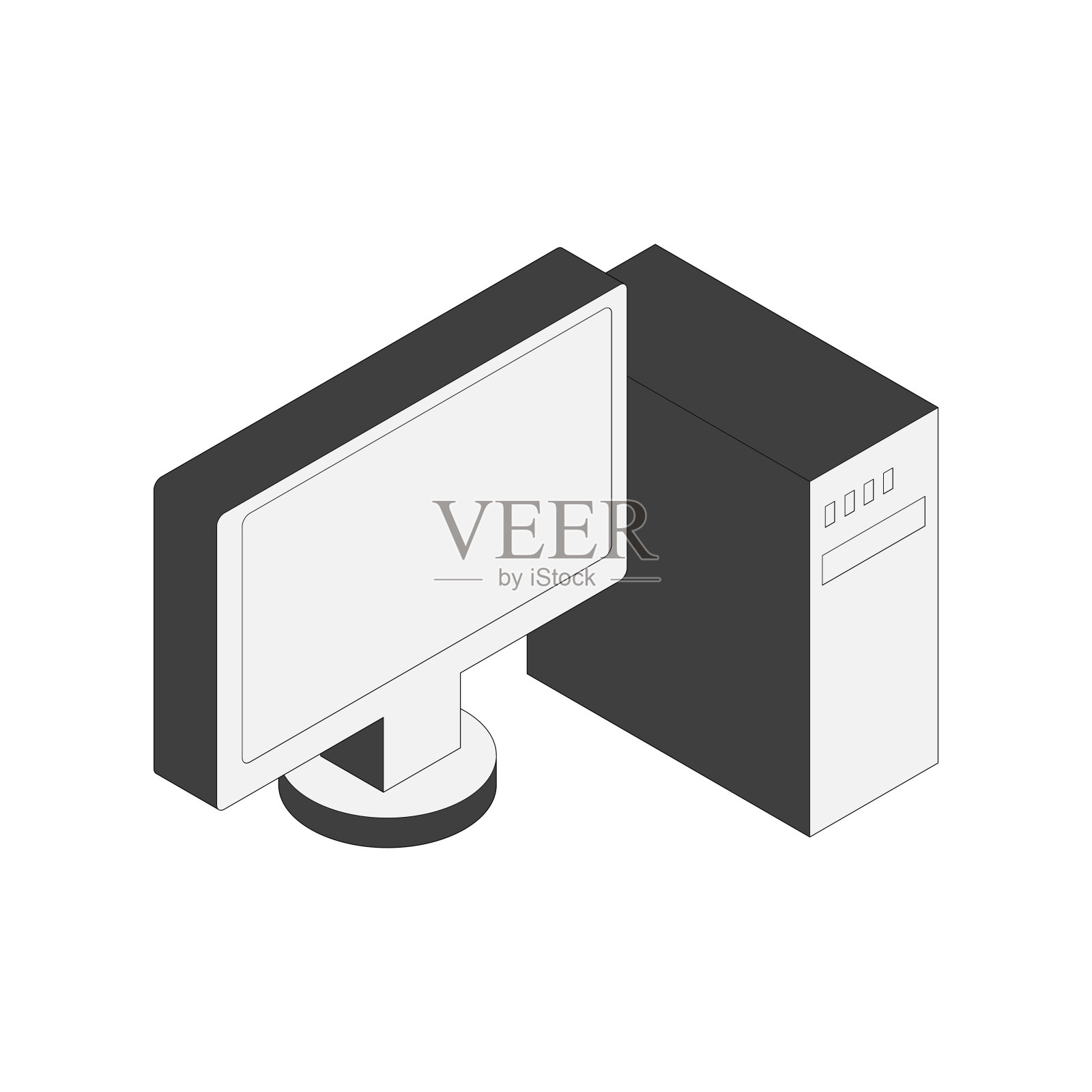 单色桌面电脑图标。等距图2，带有主线的插图。插画图片素材