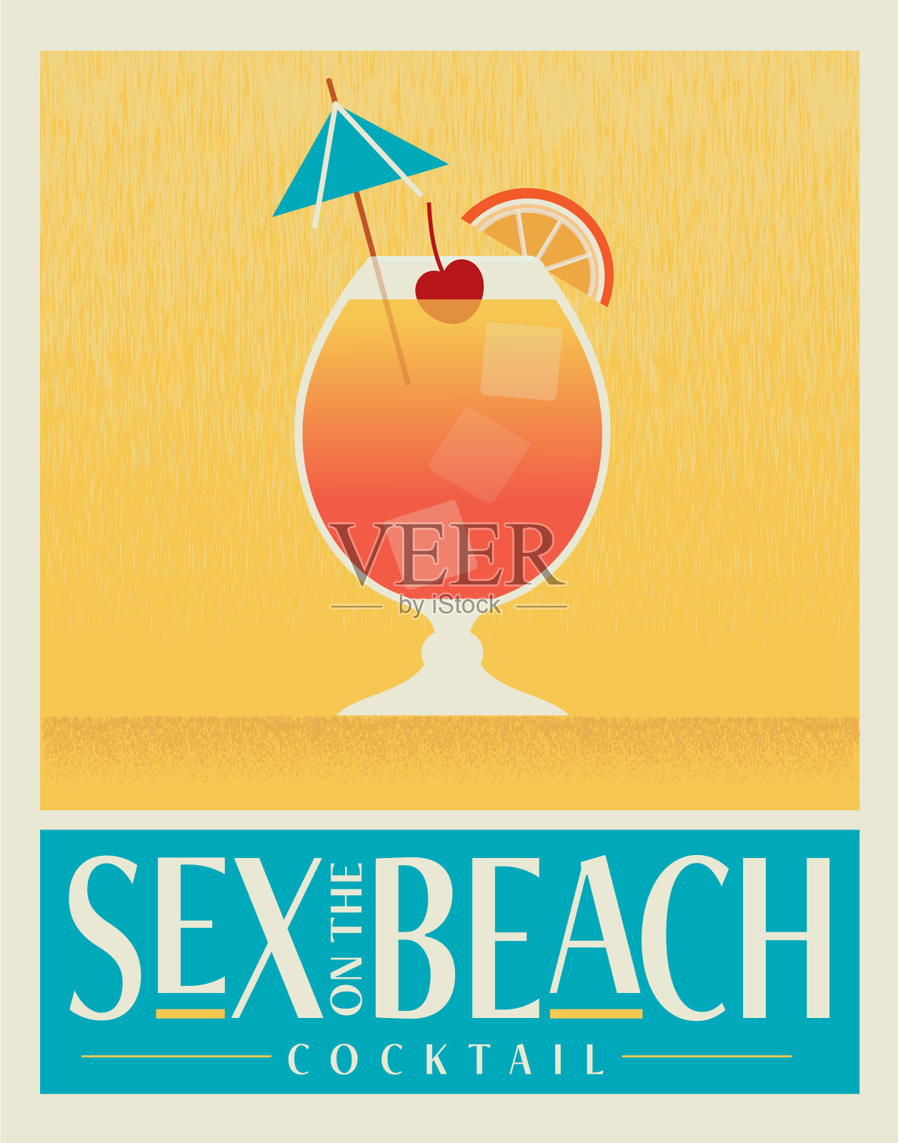 复古的海滩上的性与橙片，马氏樱桃，喝伞喝鸡尾酒海报设计模板与排版插画图片素材
