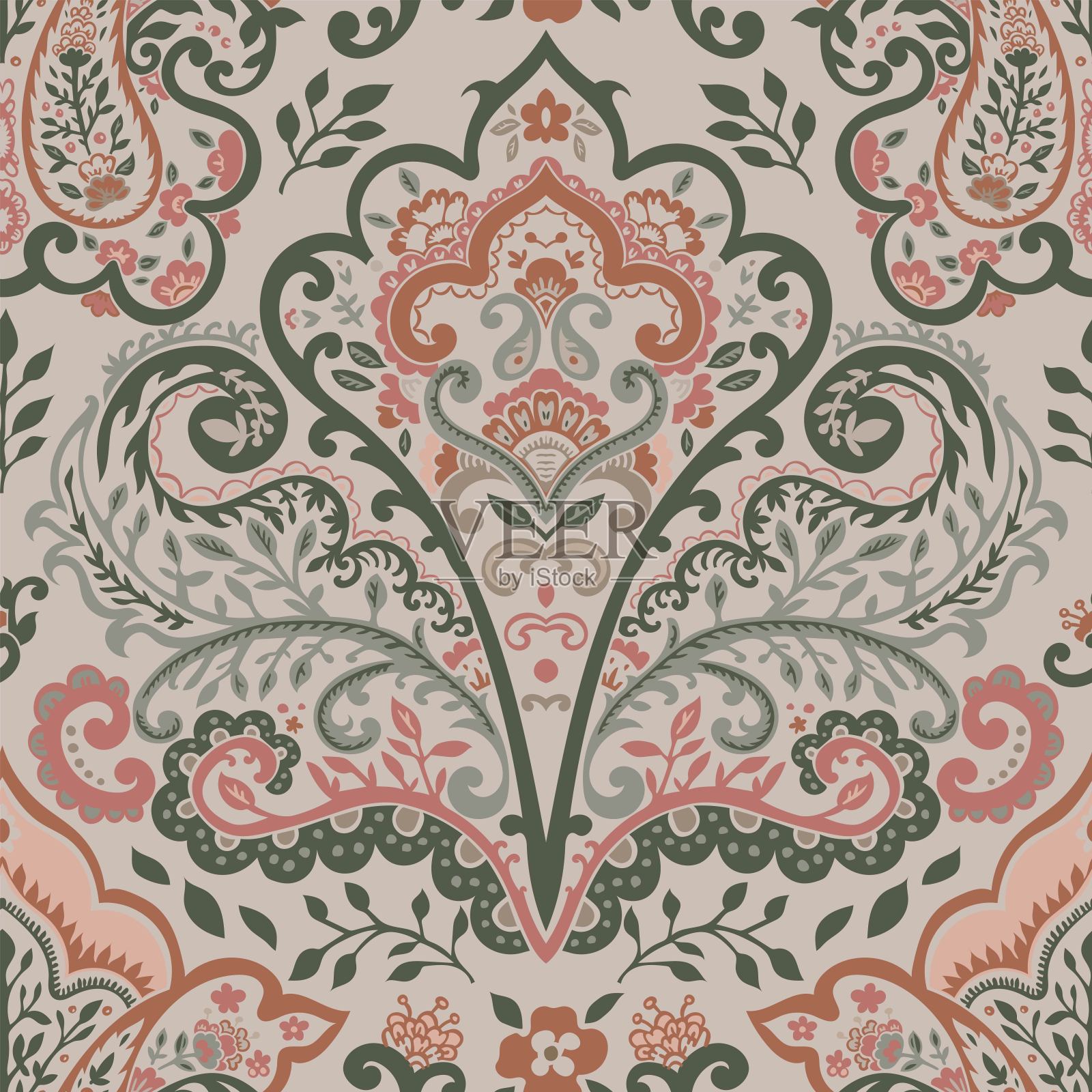 花卉图案与盛开的花朵和叶子插画图片素材