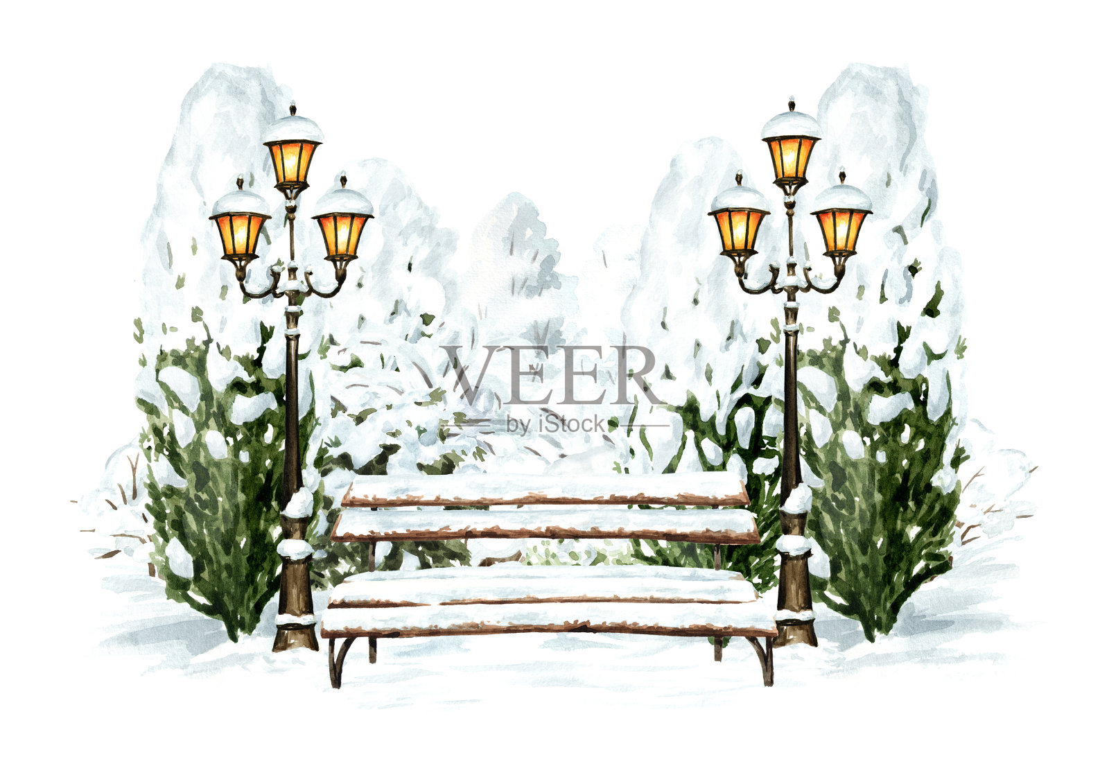 冬天的公共花园，雪下的长椅。手绘水彩插图，孤立在白色背景上插画图片素材