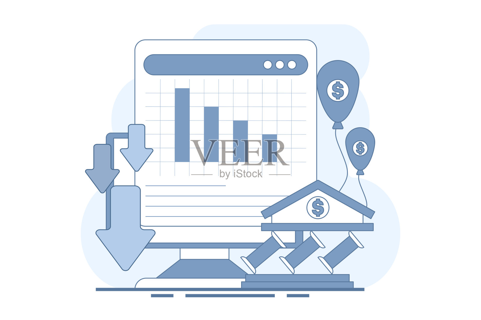 金融危机概念：遭受通货膨胀、金融损失、经济和投资问题，股市崩盘、投机金融泡沫和经济衰退，扁平风格矢量插图插画图片素材