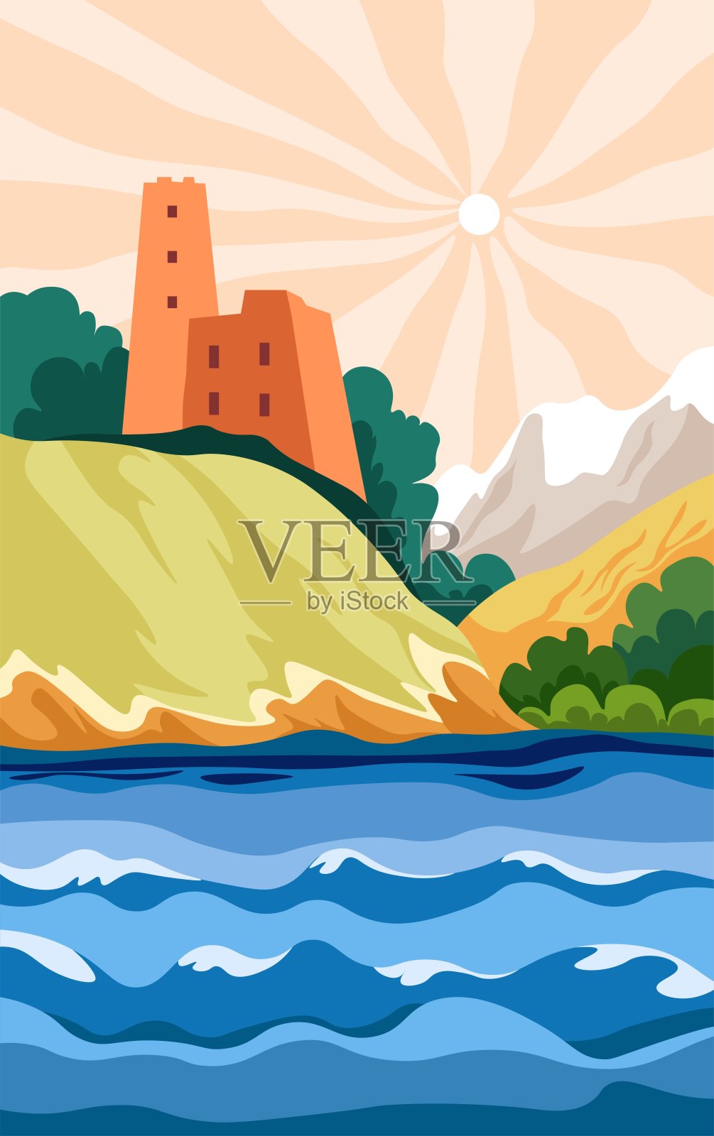 具有地标和海洋的乡村景观插画图片素材