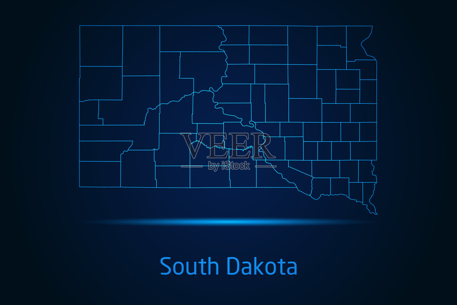 高详细辉光蓝色地图在南达科他州地图的黑暗背景符号为您的网站设计地图标志，应用程序，旅游。插画图片素材