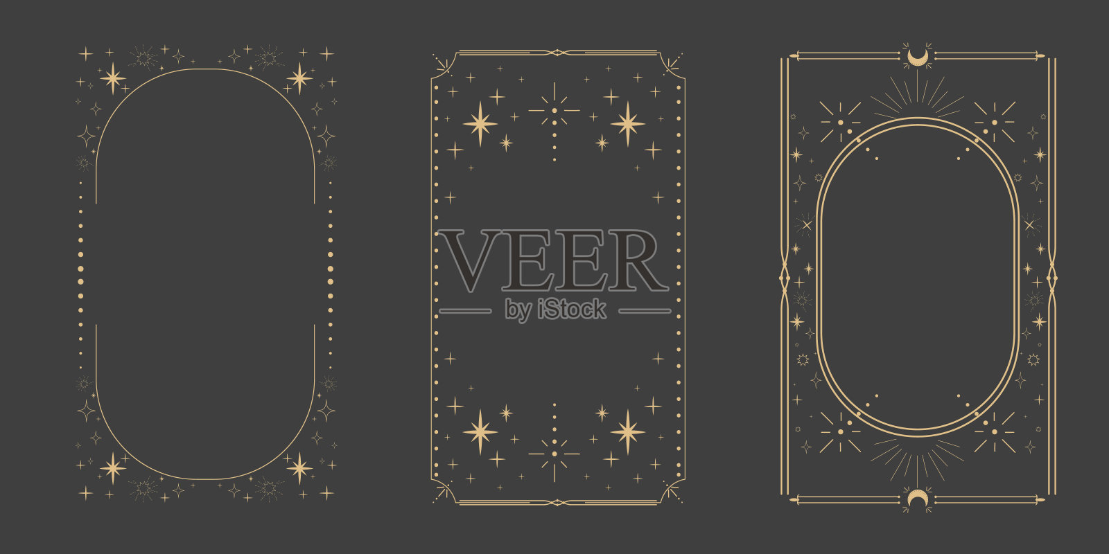 金色的天体极简深奥的框架，细线边框，神秘的线性装饰与点，月亮，星星的角落孤立在黑暗的背景。几何形状，塔罗。插画图片素材