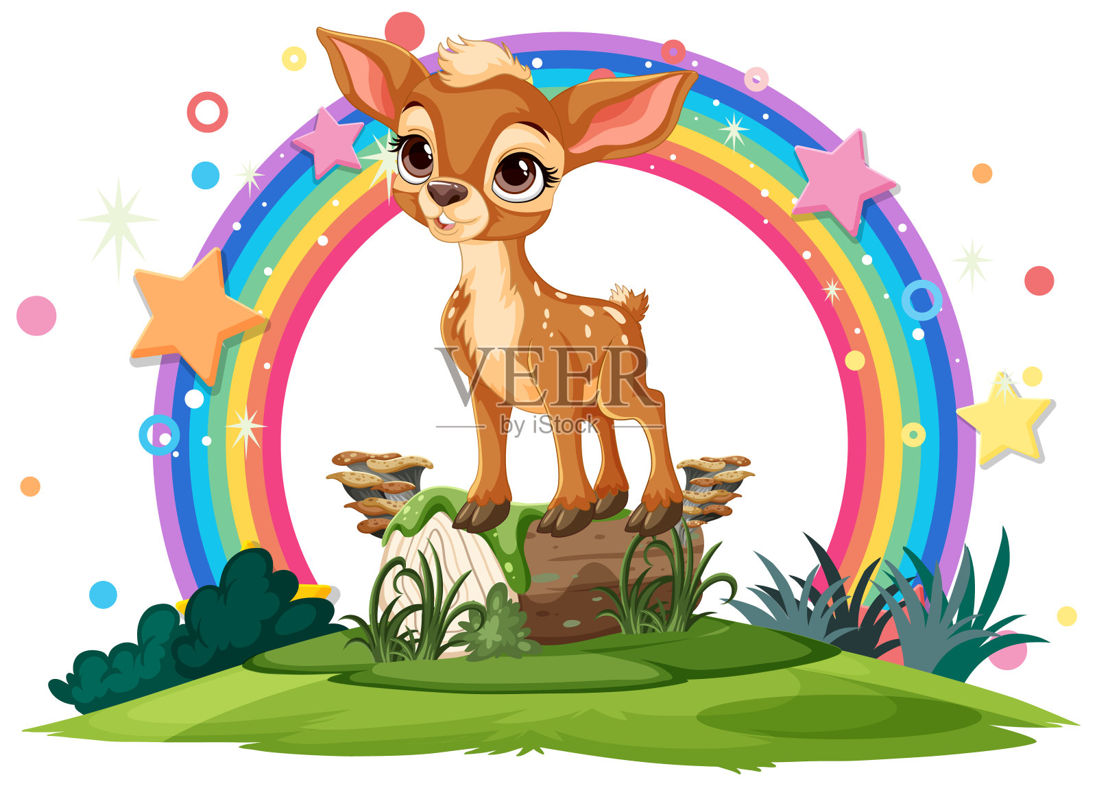 可爱的小鹿站在长满草的小山上插画图片素材