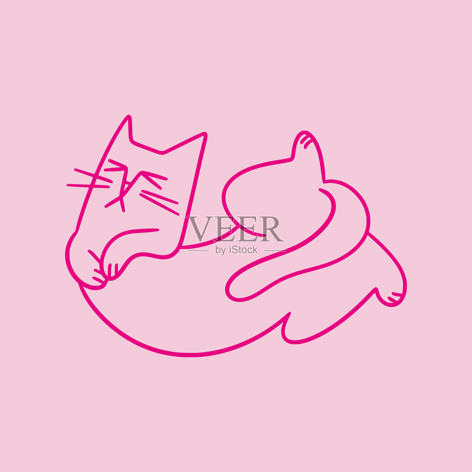 可爱的涂鸦猫和有趣的脾气暴躁的脸。手画的轮廓躺在它的背部小猫。毛绒俏皮的卡通人物的t恤印刷，装饰。插画图片素材