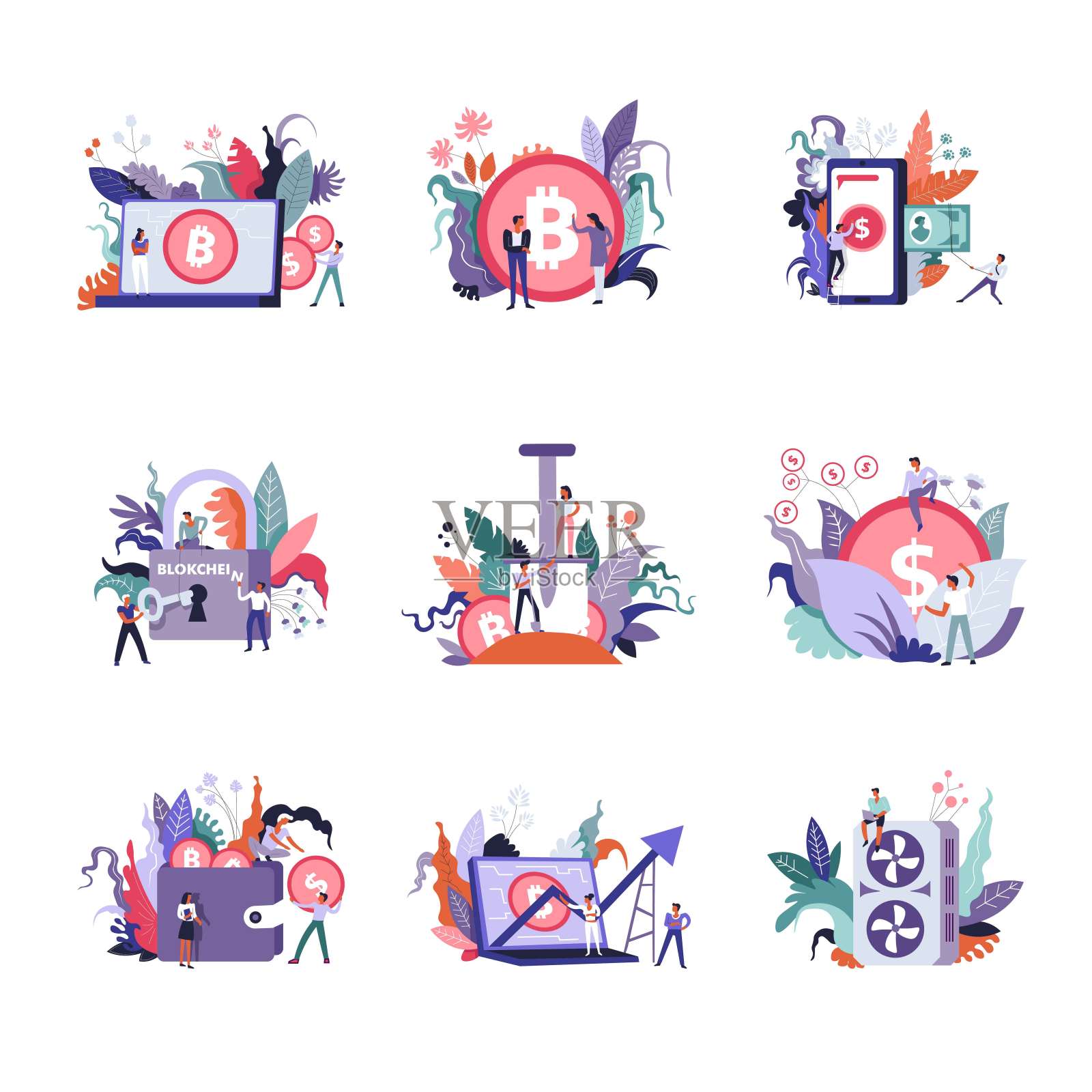 比特币货币与区块链技术隔离集向量插画图片素材