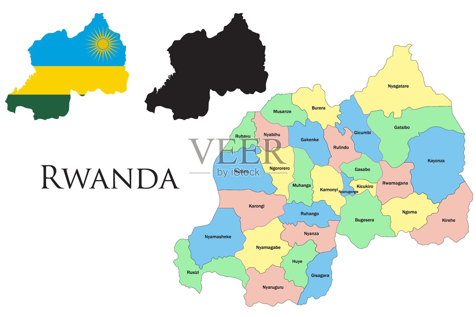 卢旺达行政区划。卢旺达国旗和地图插图矢量。卢旺达各区插画图片素材
