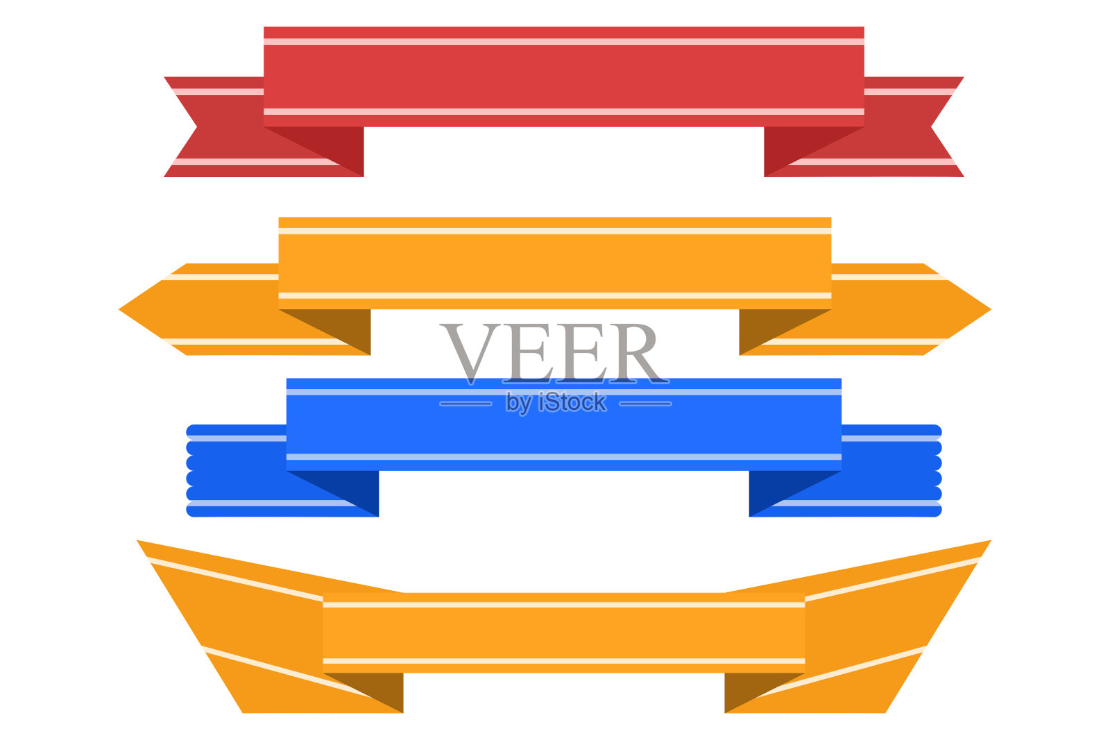 一套缎带，横幅，徽章，缎带的产品标签和标志。一组矢量平面色带模板的标签和标志设计。彩色标签-设计元素的背景。插画图片素材