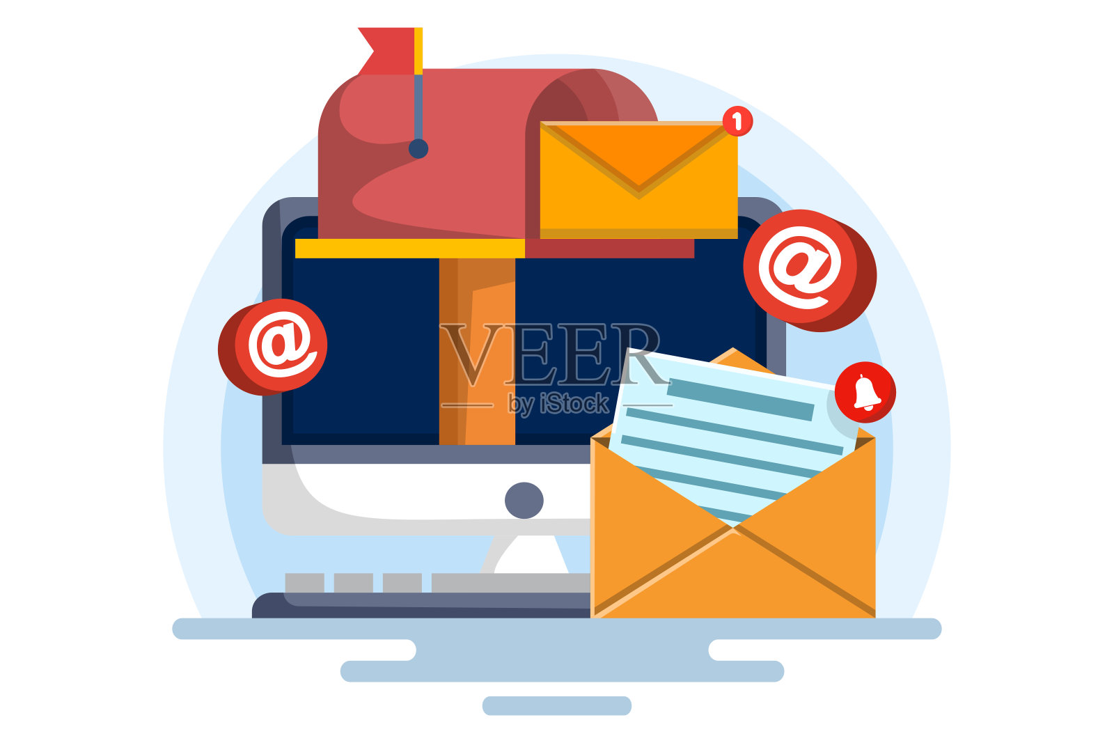 电子邮件和智能手机的概念，电子邮件营销活动，工作流程，新的电子邮件信息。信，纸装在信封里，打勾。发送应用程序。接收消息。填写文档。插画图片素材