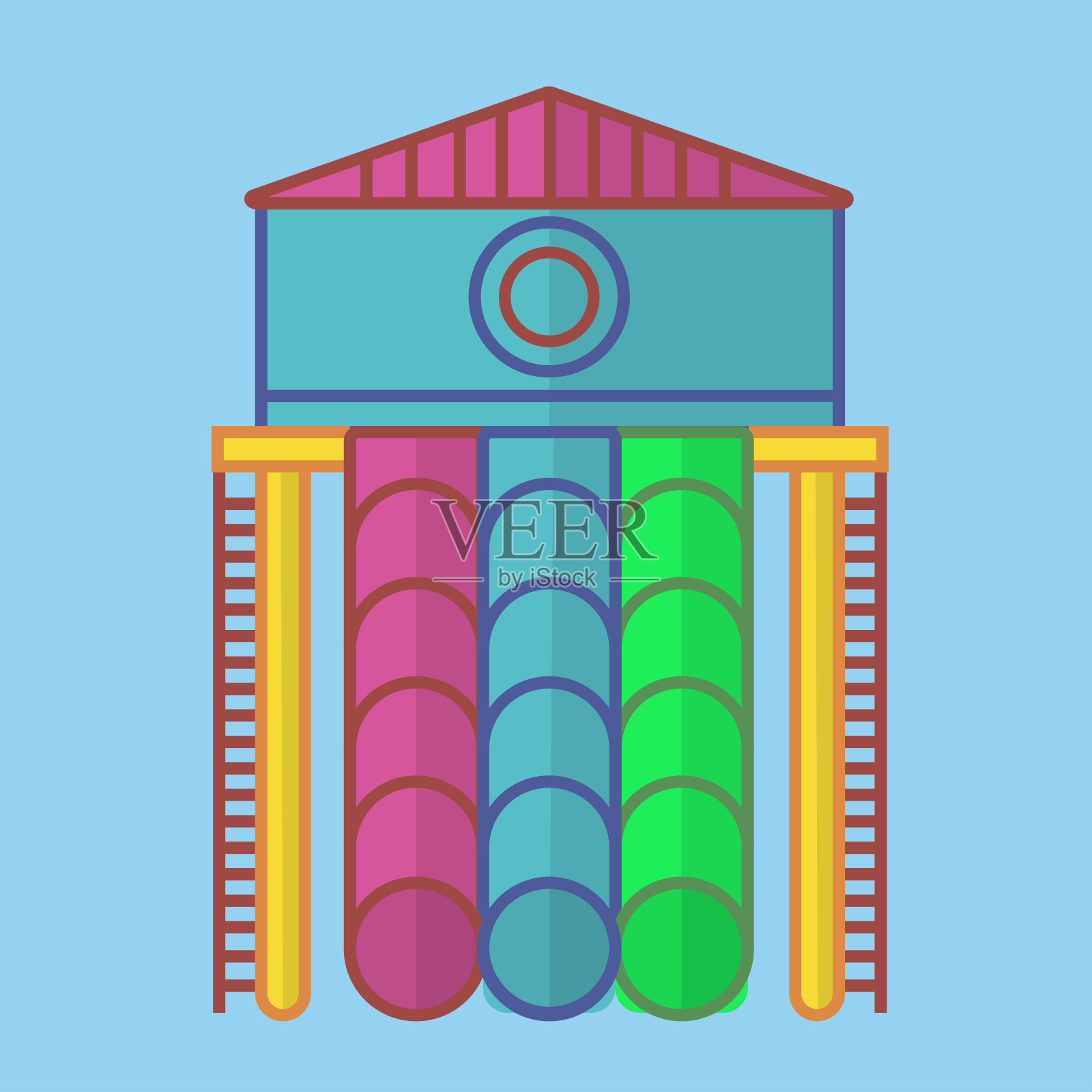 高滑梯与房子和长彩色管插画图片素材