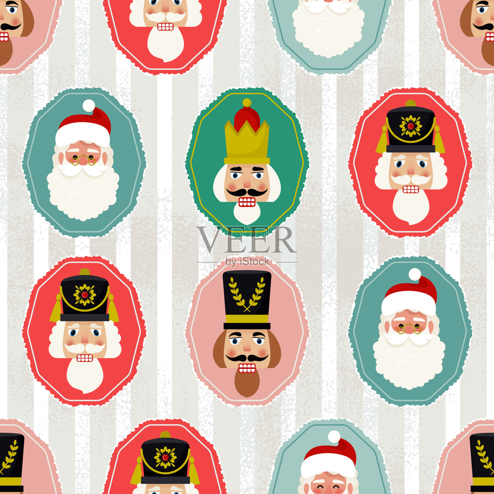 圣诞无缝图案与胡桃夹子士兵和圣诞老人的肖像。矢量插图在平面风格插画图片素材