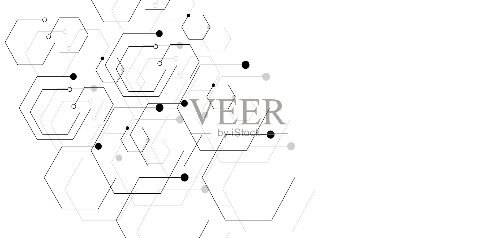 黑白抽象粒子连接背景与六边形。几何技术横幅设计插画图片素材