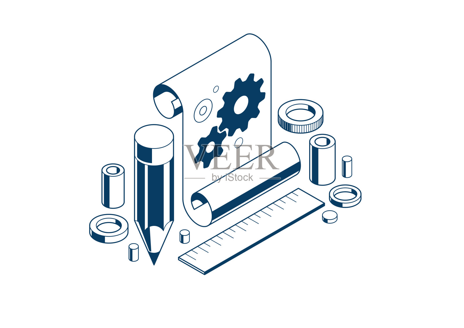 机械工程项目概念图，发动机草图规划图，技术方案图纸，带齿轮和铅笔的纸质三维等距矢量图，维修教程。插画图片素材