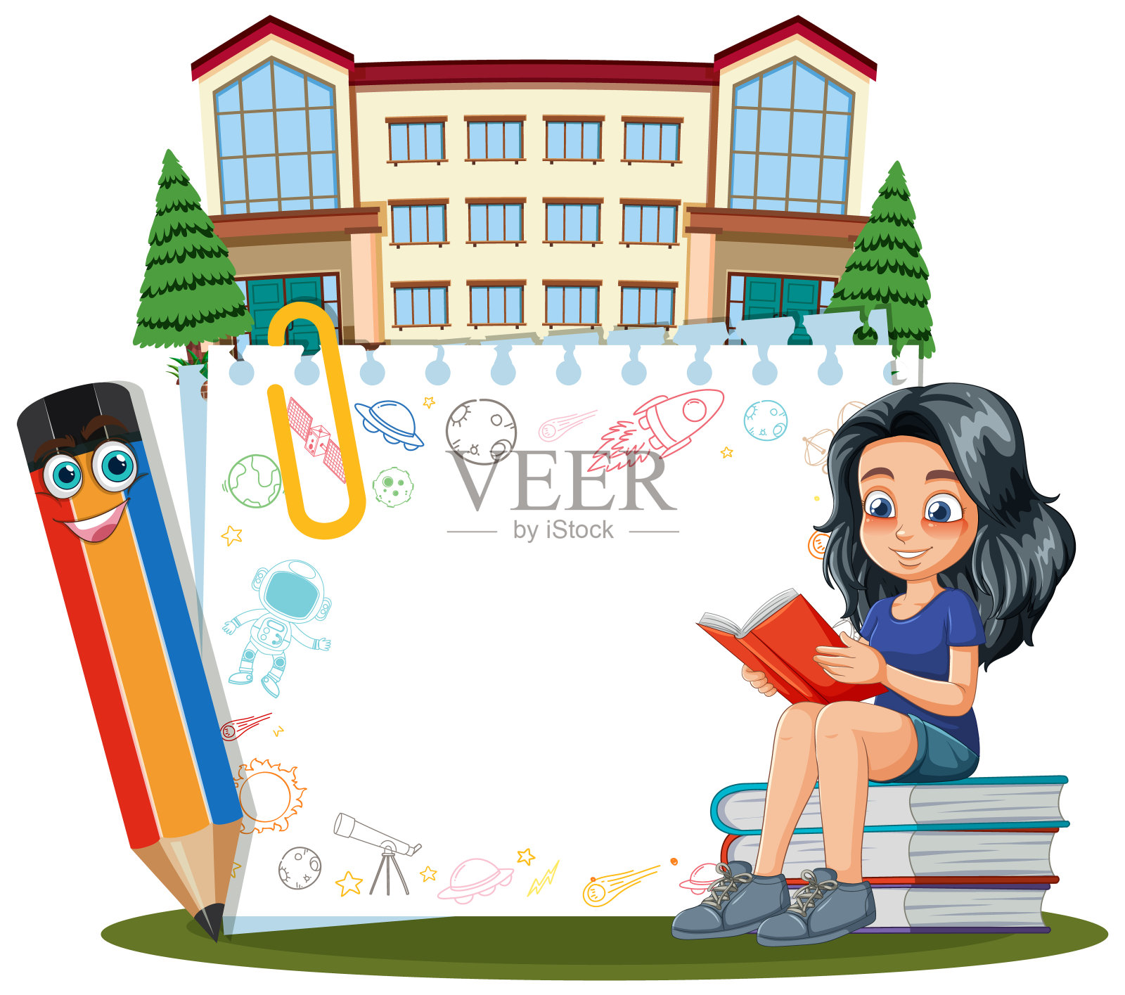 女孩在学校看书插画图片素材