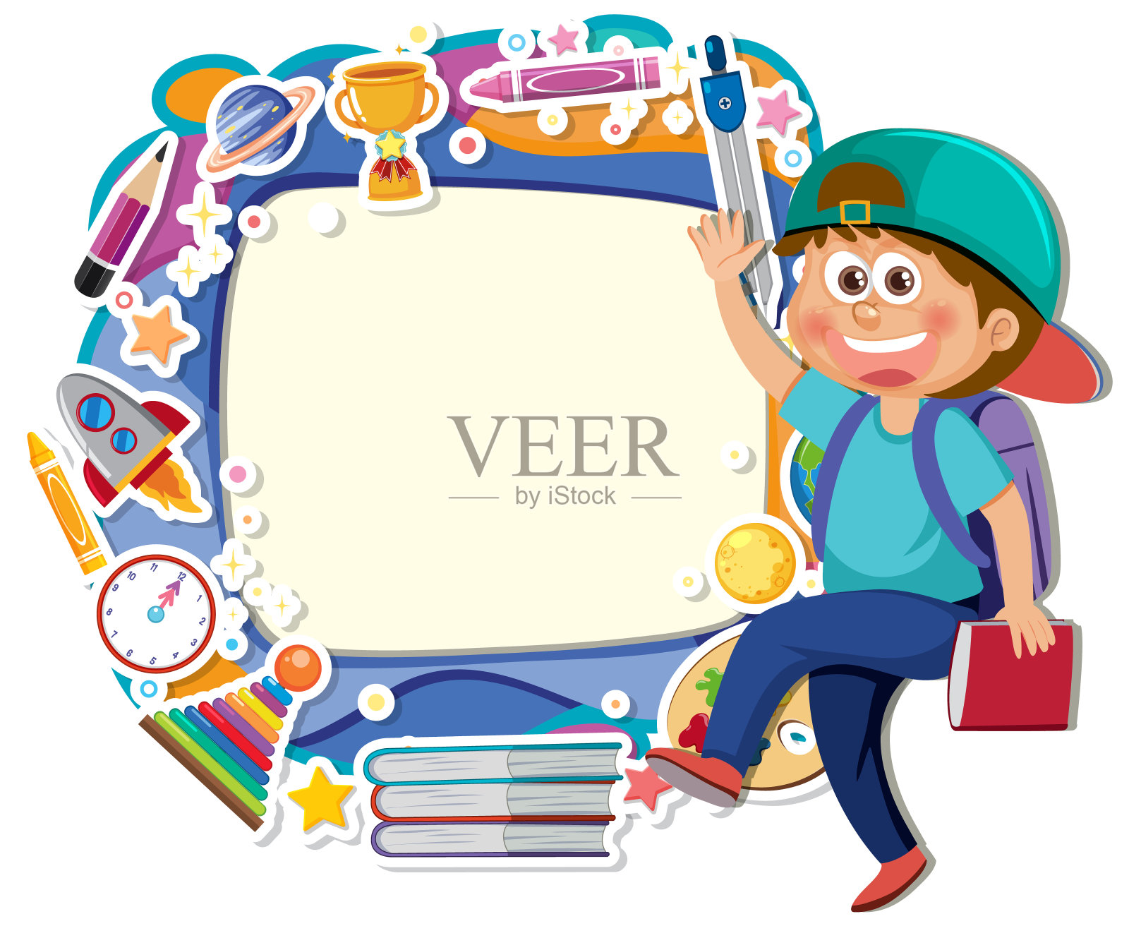 快乐的学生被学习用品包围插画图片素材