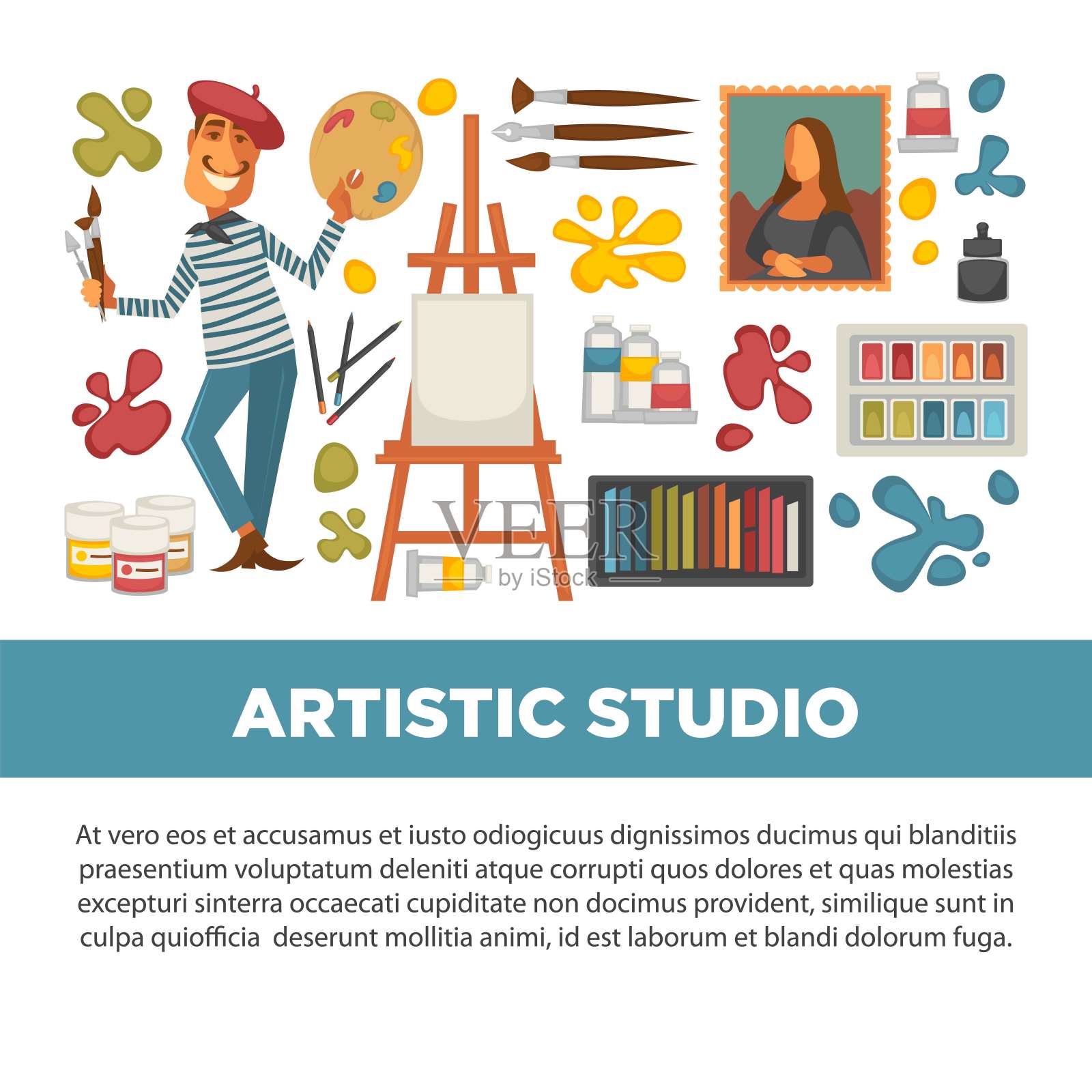 艺术工作室海报与所有的工具来绘画和绘制插画图片素材