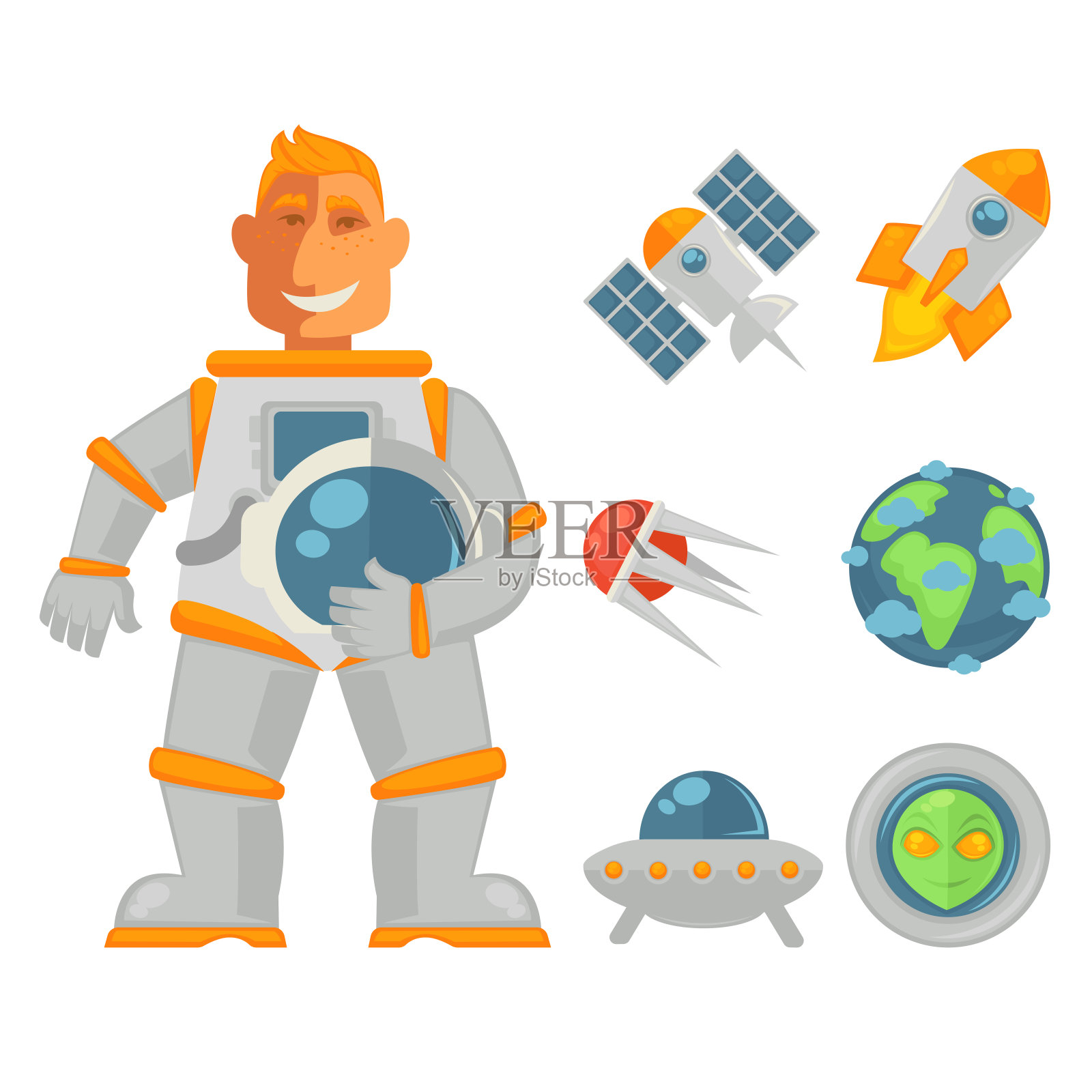 微笑的宇航员拿着头盔靠近太空物体插画图片素材