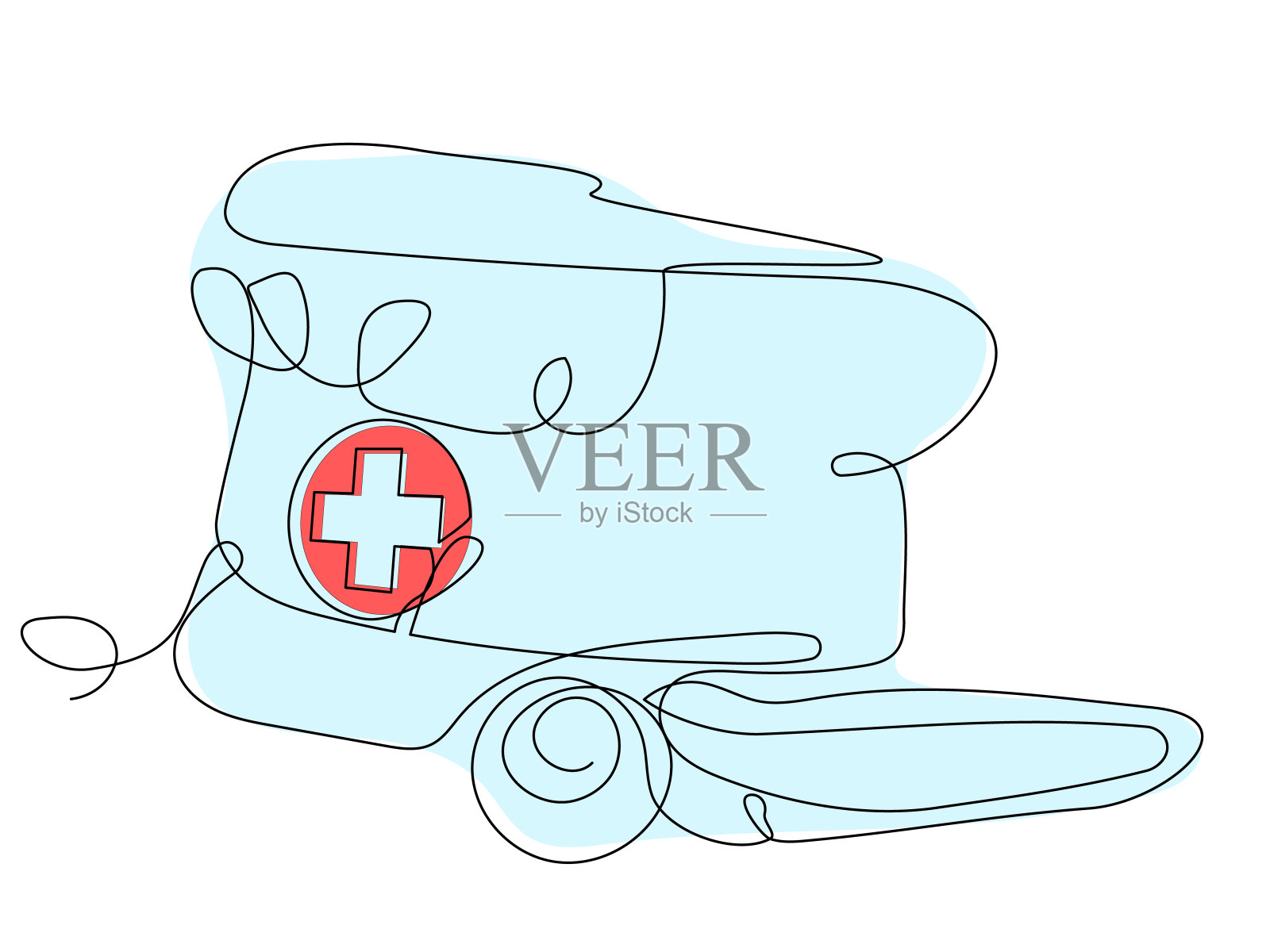 简单的线条画护士帽与一个红十字符号在浅蓝色的背景插画图片素材