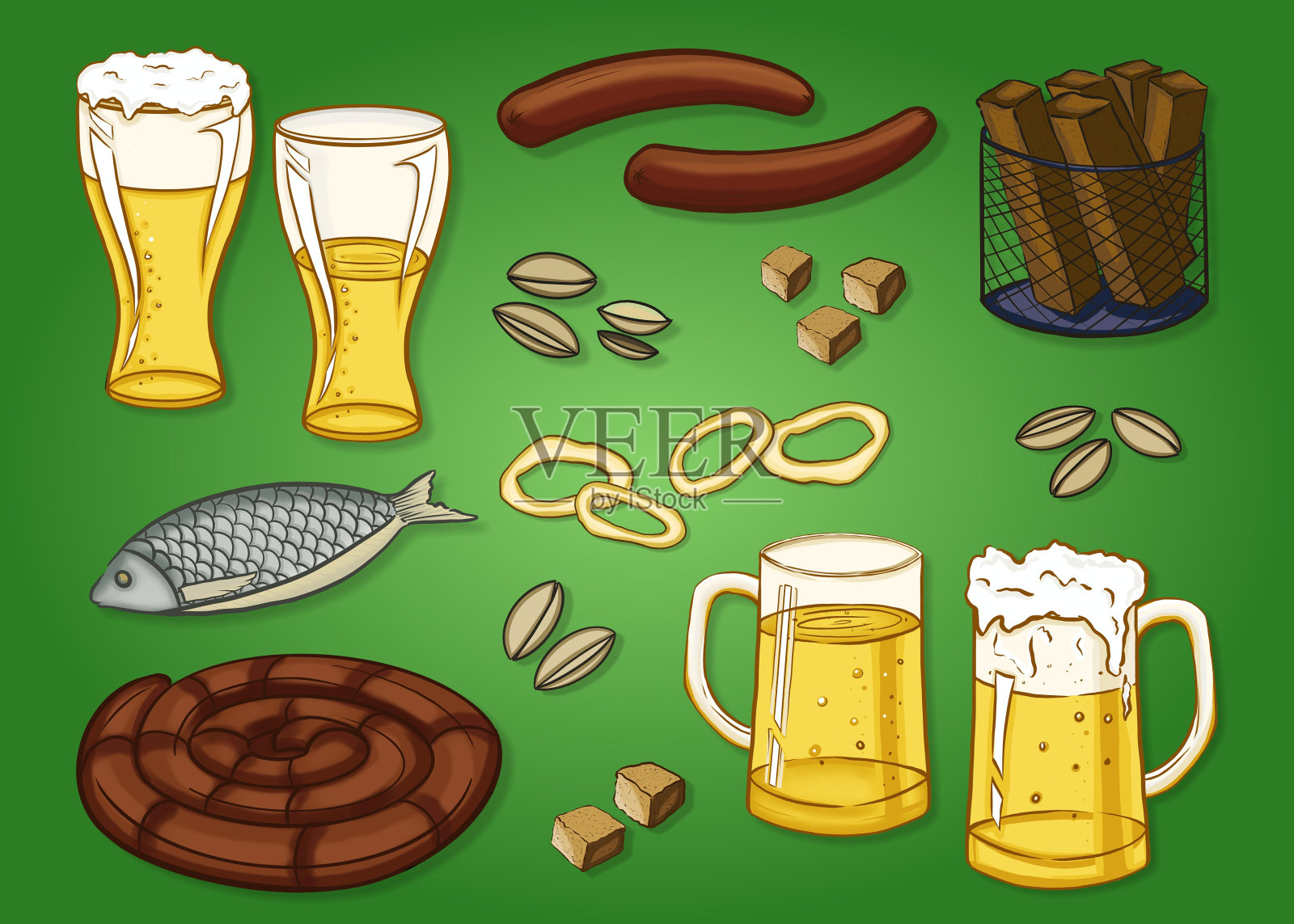 酒吧和餐馆里的大杯起泡的生啤酒和美味的小吃插画图片素材