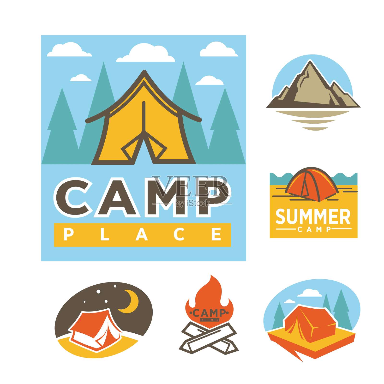 夏令营地点的宣传标志与帐篷插图插画图片素材