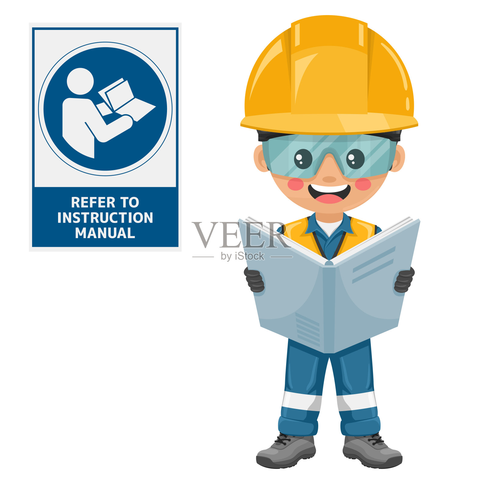 具有强制性工业安全工程师，请参阅说明书小册子标志。安全第一。开始工作前阅读使用说明书。工业安全和工作中的职业健康插画图片素材