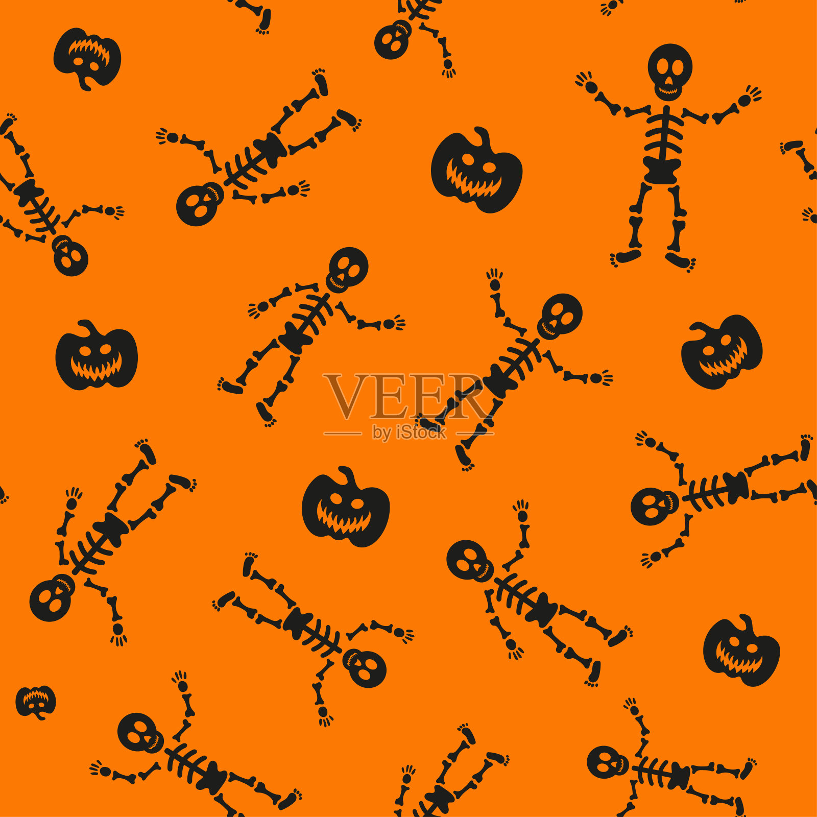 万圣节设计的无缝矢量图案。万圣节标志:骷髅、卡通风格的南瓜。矢量图插画图片素材