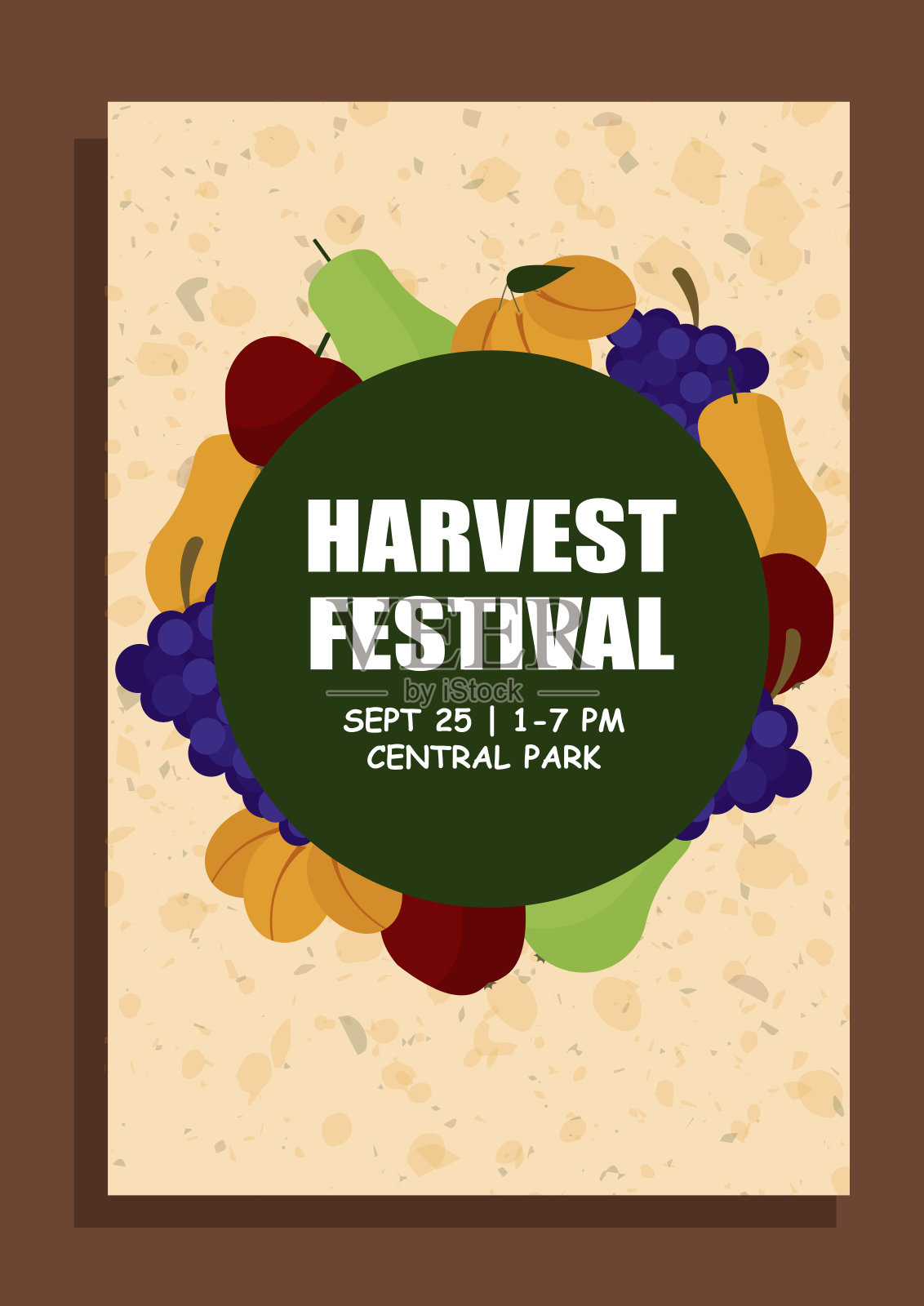 丰收节海报，以圆形排列的水果为特色，包括葡萄、苹果、梨、杏和樱桃。理想的节日促销，活动邀请，和季节性装饰。插画图片素材