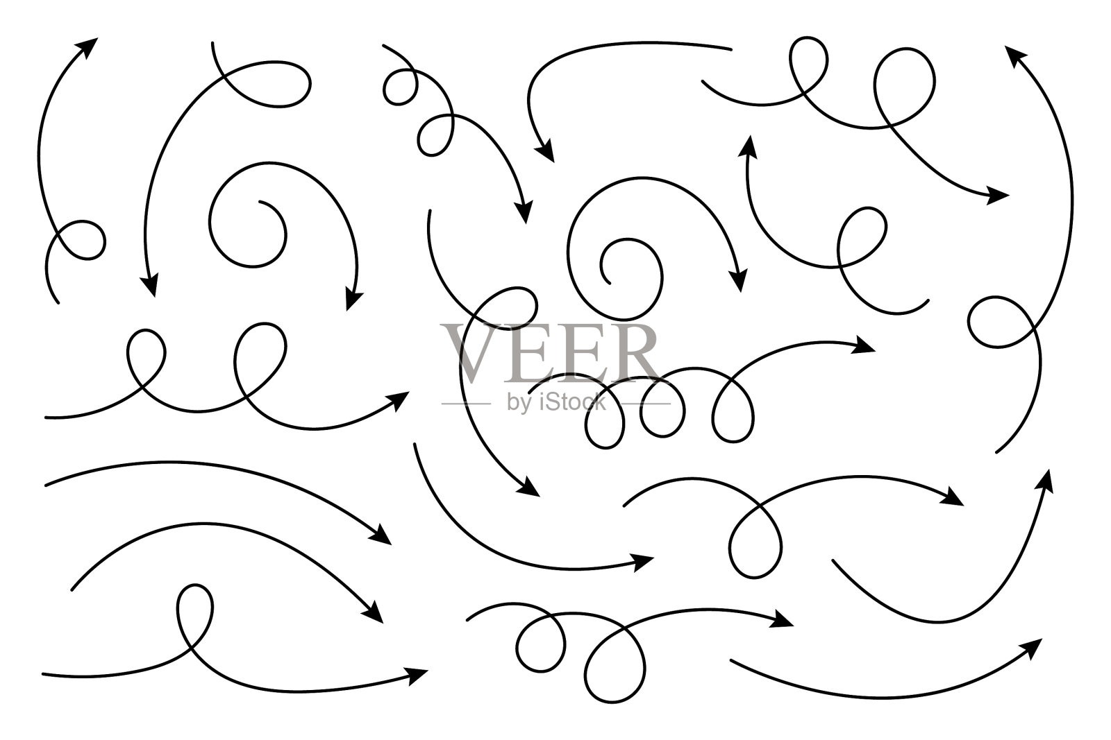 弯曲箭头的集合。设置简单弯曲的手画箭头。指针集合。插画图片素材