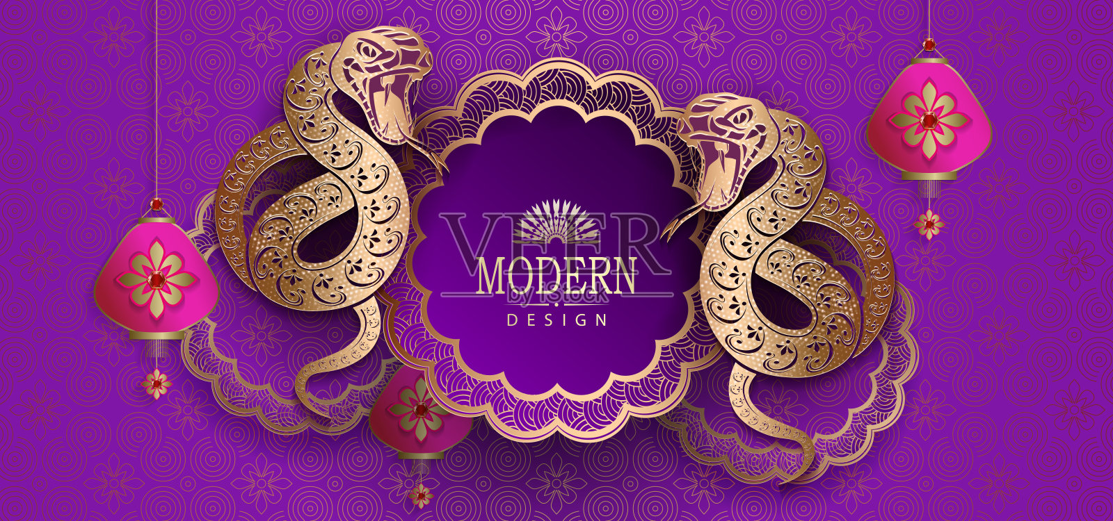 春节快乐，紫卡带蛇和圆框插画图片素材