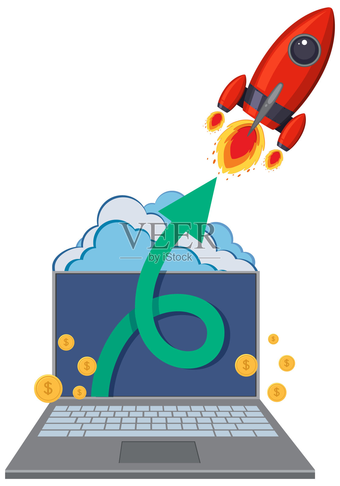 用笔记本电脑发射火箭，里面装着硬币插画图片素材