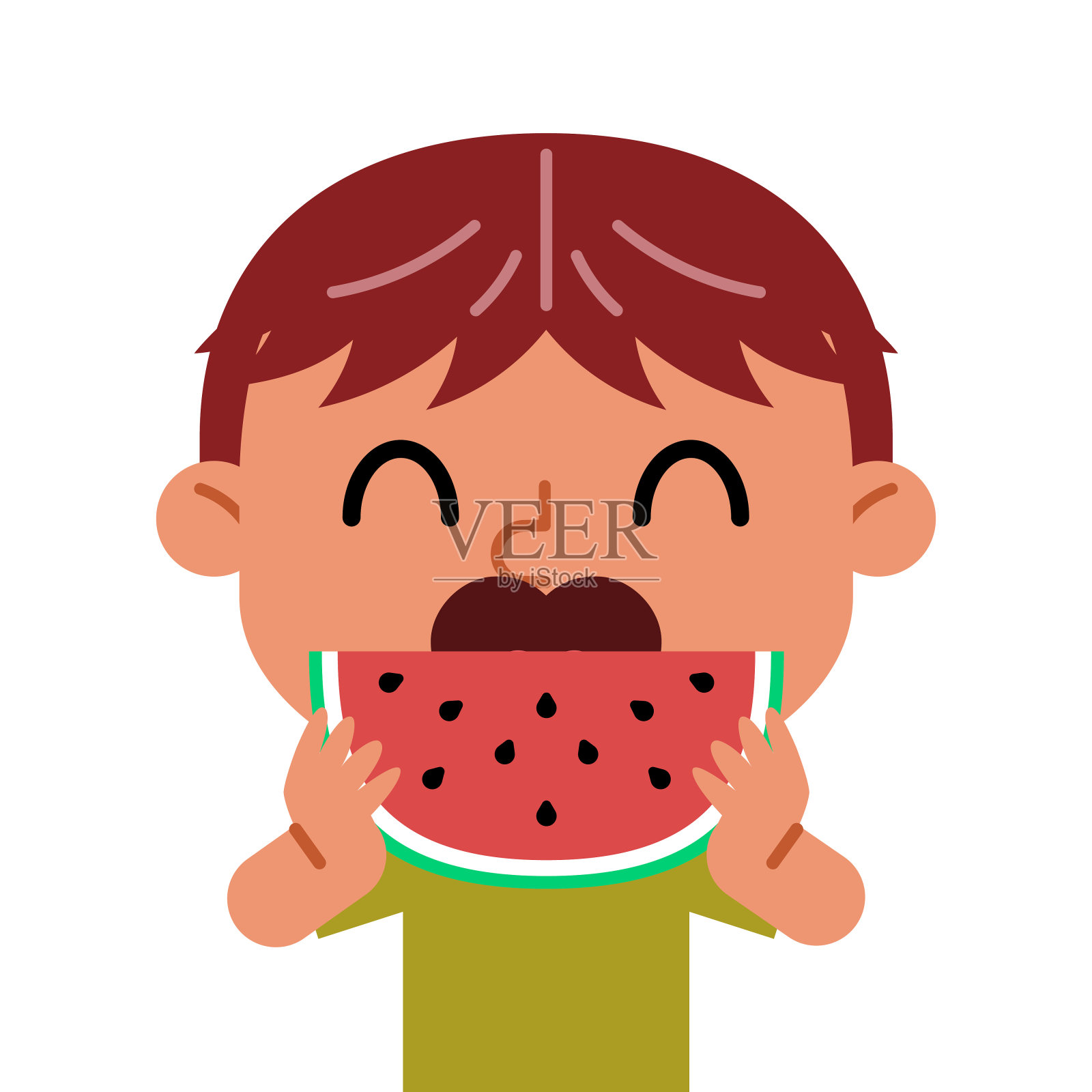男孩正在吃一大块西瓜，胃口很好。有趣的卡通人物。矢量插图隔离在白色背景上。插画图片素材