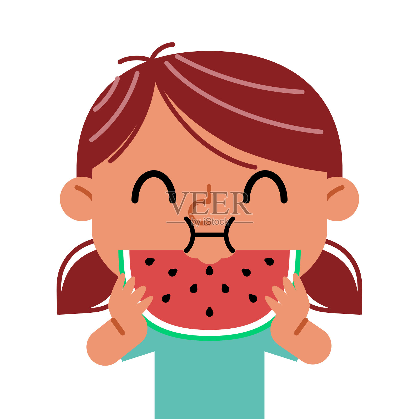 女孩正在吃一大块西瓜，胃口很好。有趣的卡通人物。矢量插图。孤立在白色背景上。插画图片素材