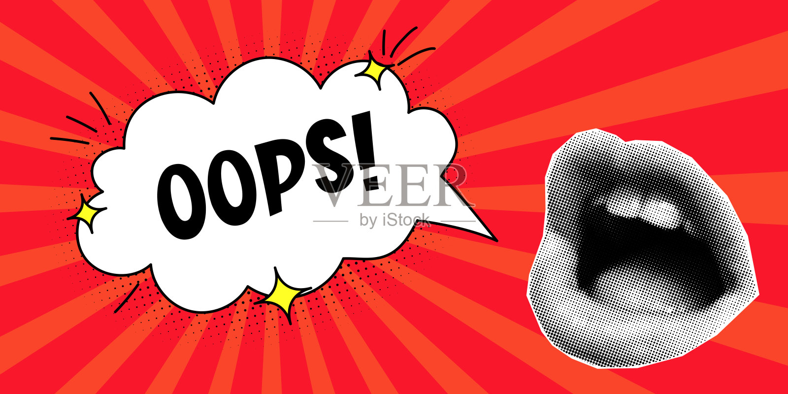 半色调拼贴复古横幅，嘴和言语泡沫，富有表现力的铭文插画图片素材