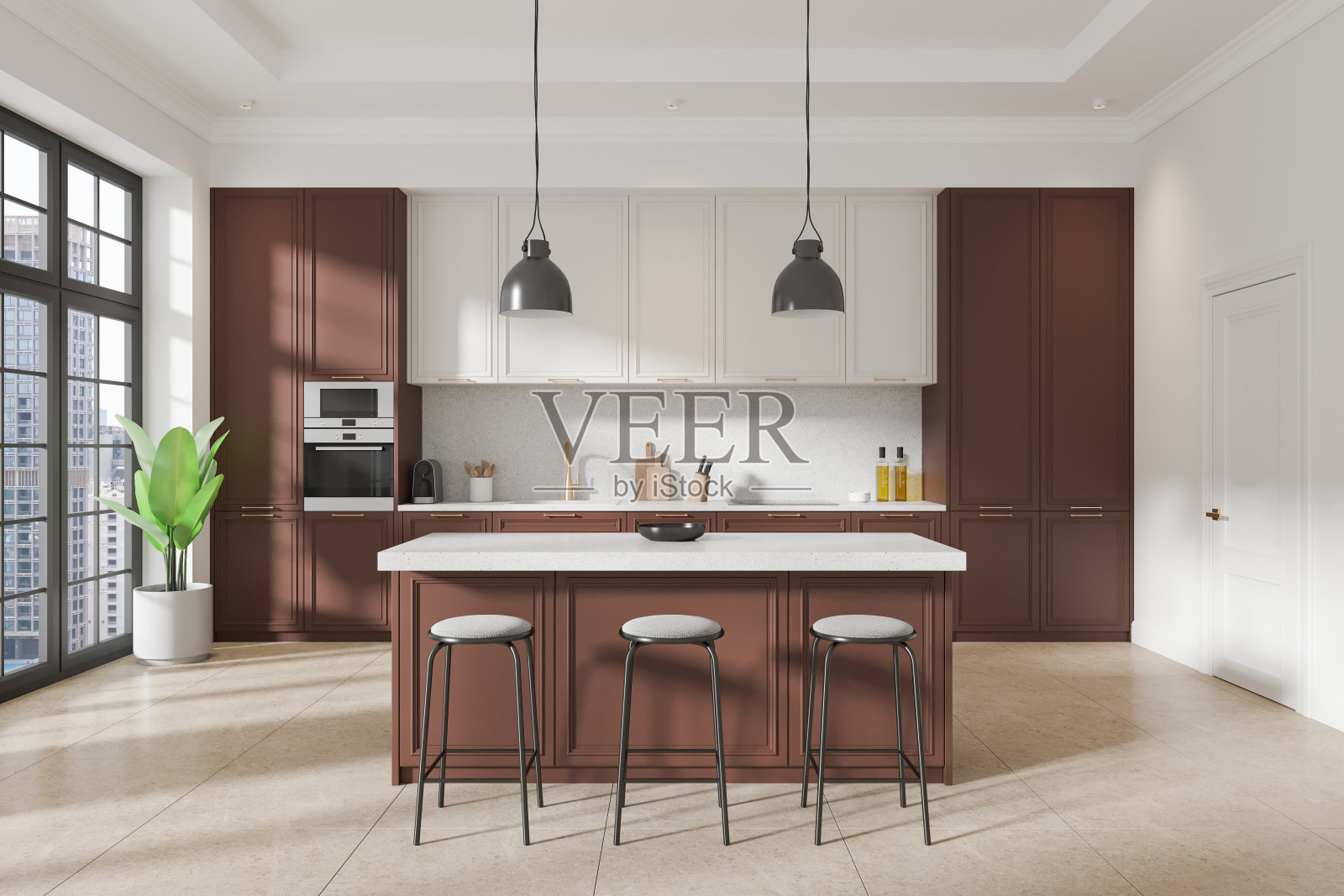 现代厨房内部配有棕色和白色的橱柜、岛台和凳子。三维渲染照片摄影图片