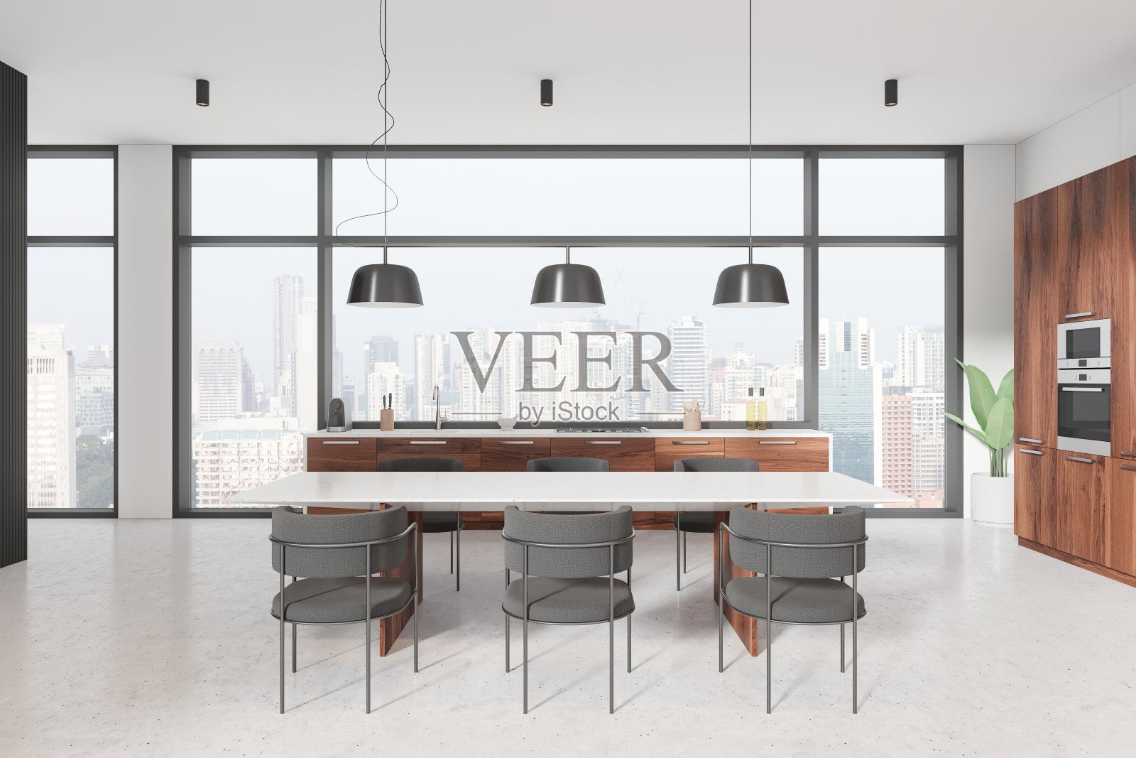 现代厨房内饰，木质橱柜和全景窗，简约设计，城市景观背景，当代生活概念。三维渲染照片摄影图片