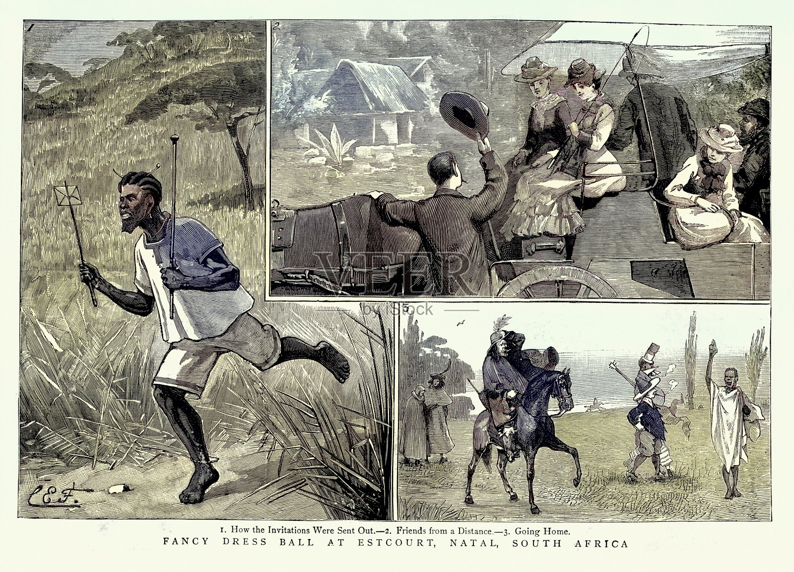 化装舞会在Estcourt，纳塔尔南非，信使赛跑，复古插图，维多利亚时代，19世纪80年代插画图片素材