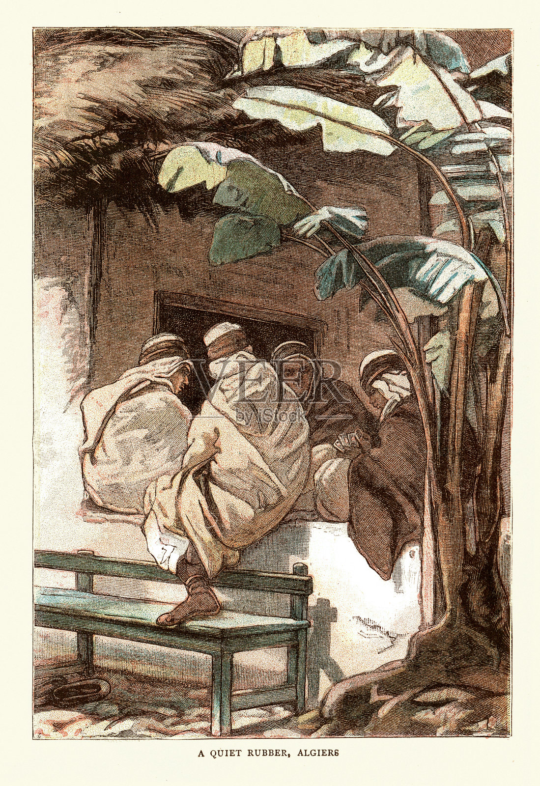 阿尔及利亚人，玩纸牌，《寂静的橡胶》，阿尔及尔，根据19世纪80年代维多利亚时期圭多·巴赫的一幅水彩画改编插画图片素材