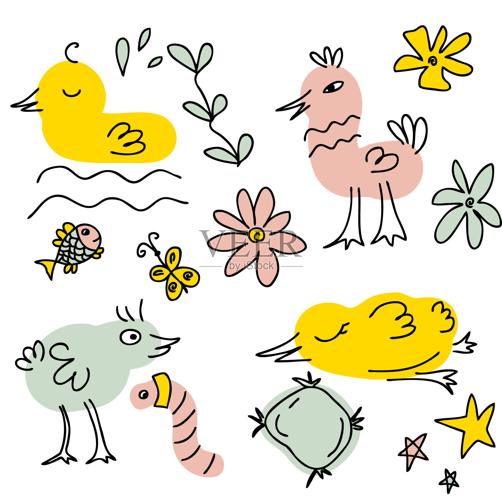 手绘可爱的小鸟涂鸦收集。动物卡通矢量字符集。完美的打印t恤，海报，卡片，贴纸。插画图片素材
