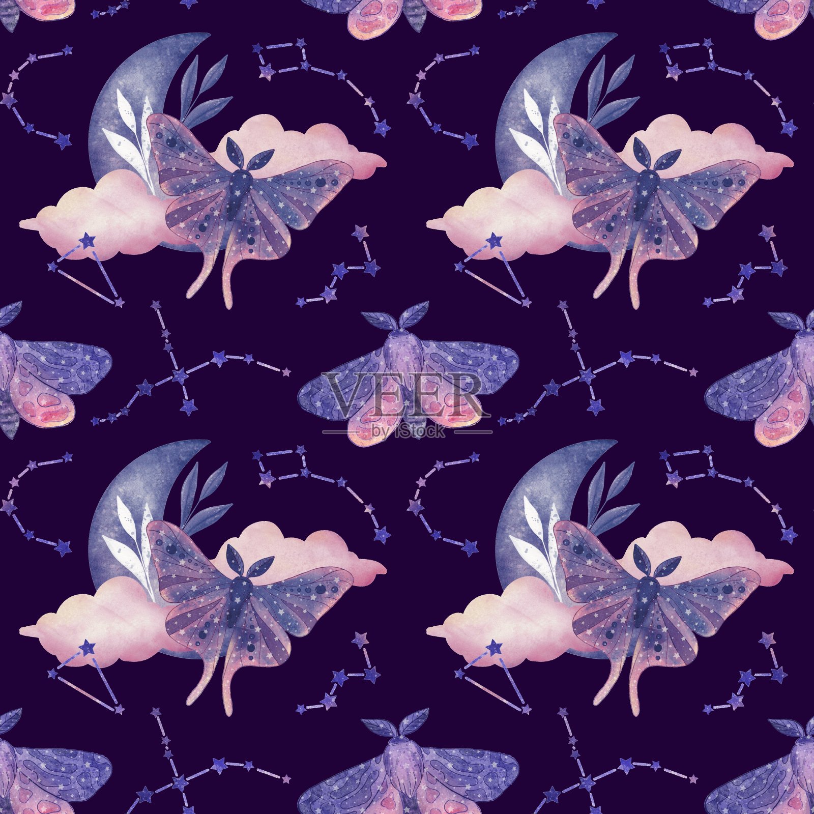 宇宙紫色无缝图案与蝴蝶，月亮，云，星星在黑暗的背景插画图片素材