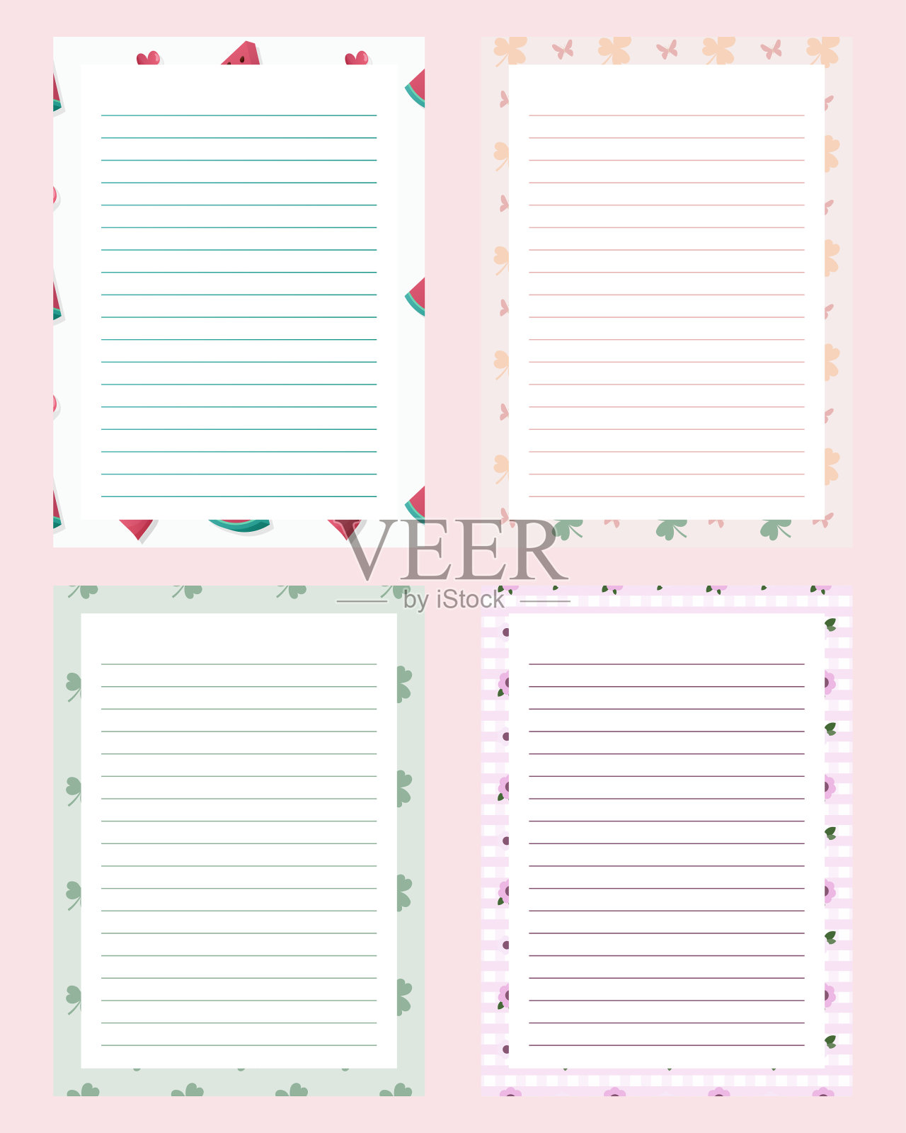 矢量集可爱卡哇伊记事本备忘录垫与花卉背景。可打印的记事本插画图片素材