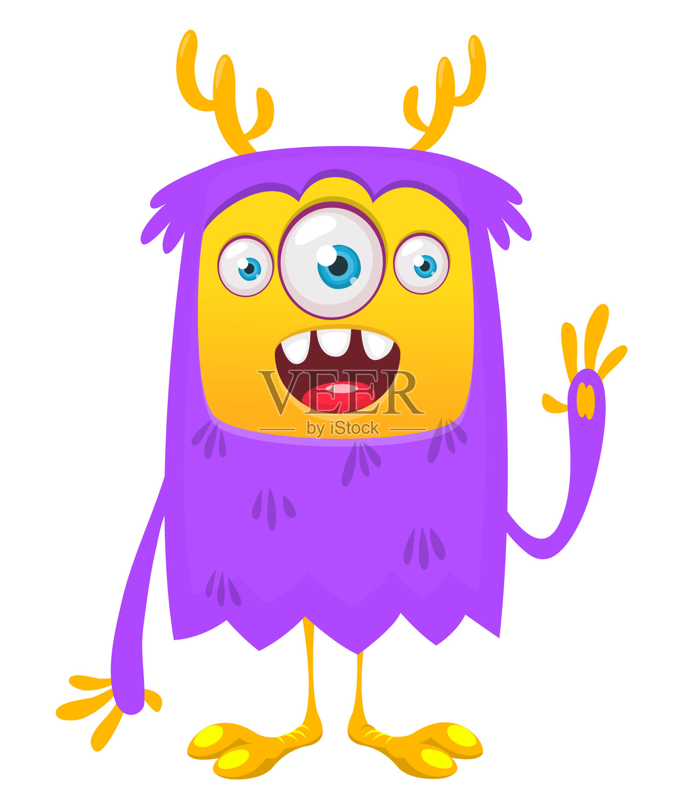 卡通可爱的怪物带着有趣兴奋的表情挥舞着双手。矢量插图隔离在白色。万圣节设计插画图片素材