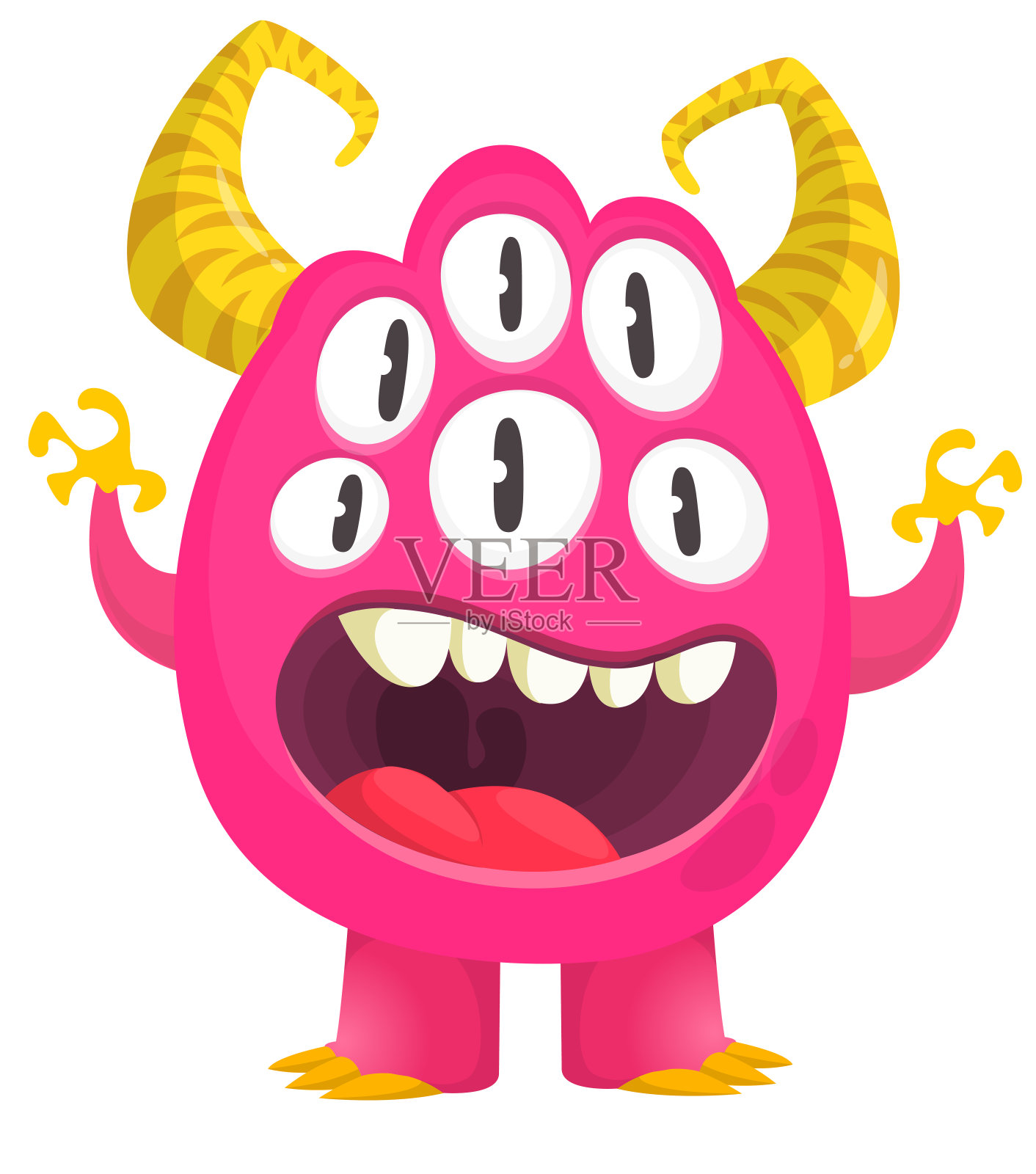 卡通可爱的怪物带着有趣兴奋的表情挥舞着双手。矢量插图隔离在白色。万圣节设计插画图片素材