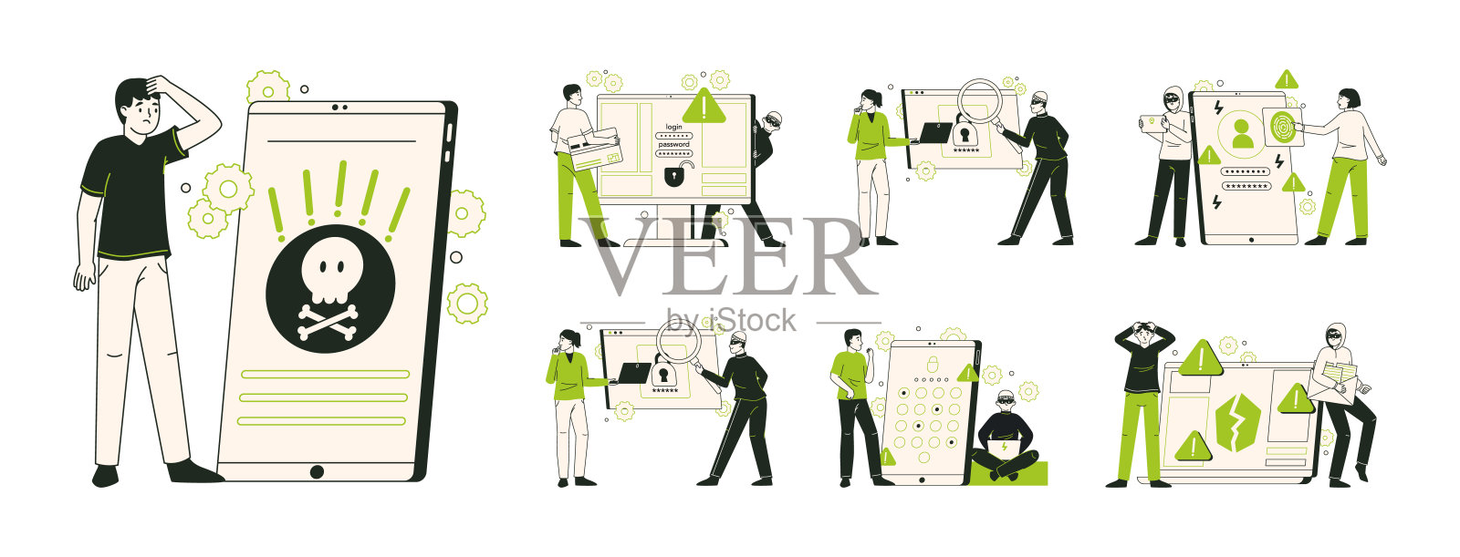 网络诈骗犯罪。网络黑客诈骗网络钓鱼，在线网络攻击，计算机安全平面矢量插画集。个人资料保护场景插画图片素材
