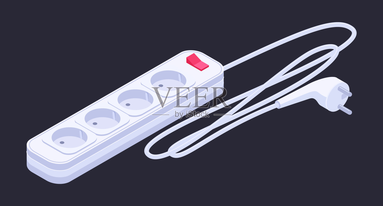 等长延长线。家用多插座，电源插座插头与不同的端口连接器三维矢量插图。电线延长线插画图片素材