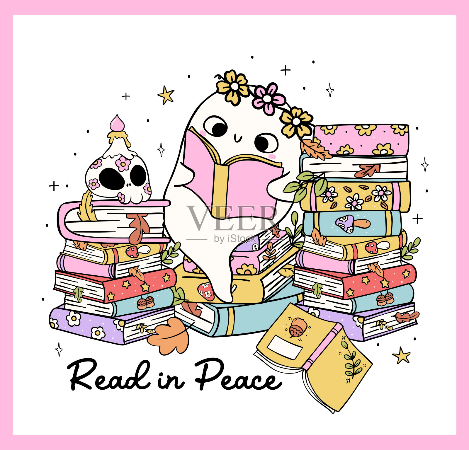 时髦的鬼读舒适的粉彩万圣节书时髦的复古卡通涂鸦插画图片素材