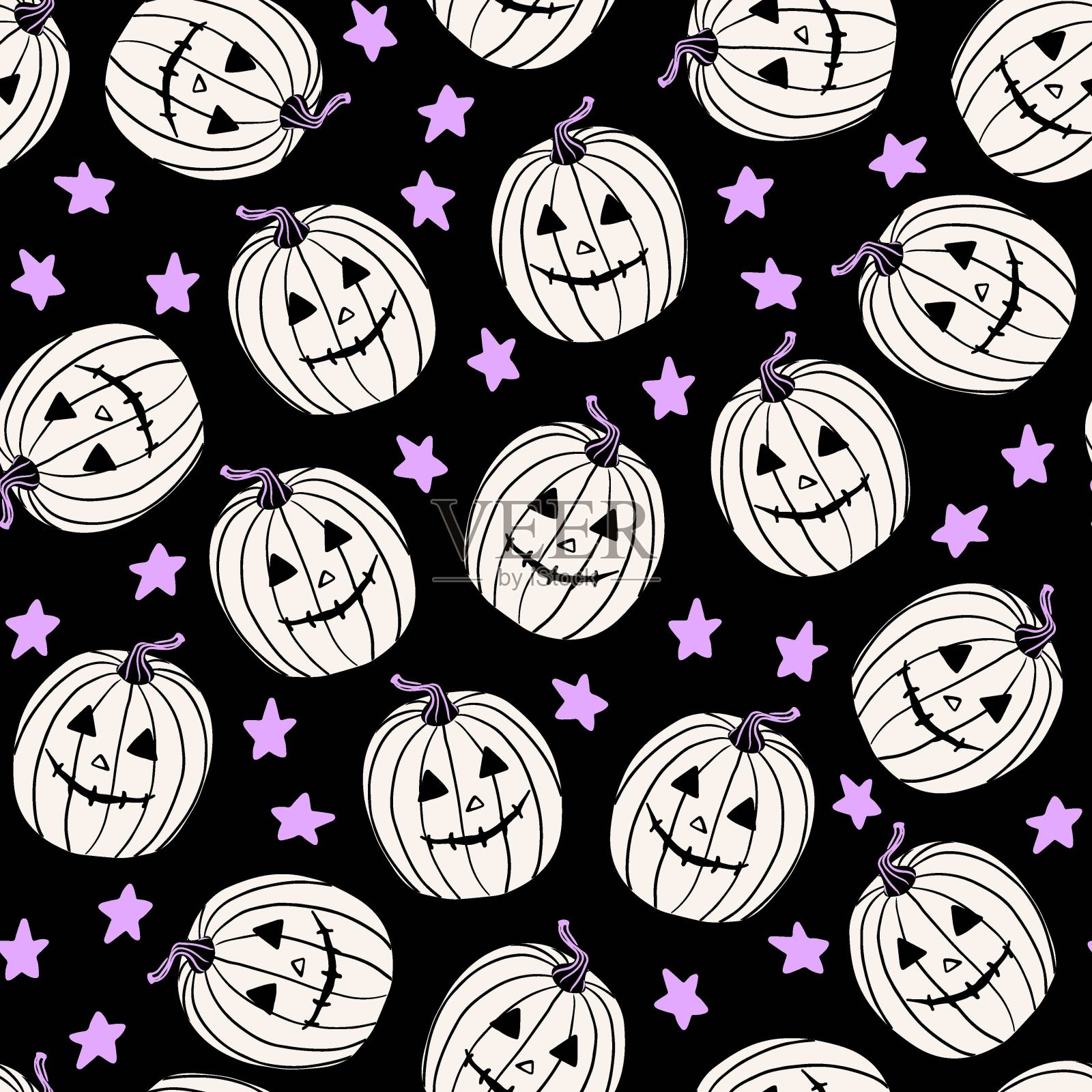 万圣节图案，紫色，黑色和白色的可爱的幽灵南瓜。杰克灯与星星无缝重复背景织物，纸设计。插画图片素材