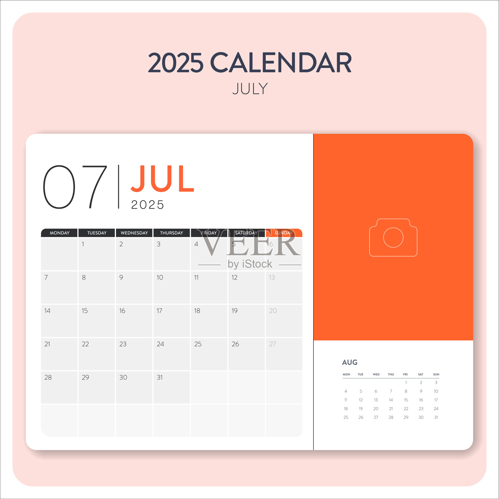 日历2025年7月模板矢量。桌面，挂历印刷，数字日历或计划。下周一开始。年历版面设计元素。创意商业月历。插画图片素材