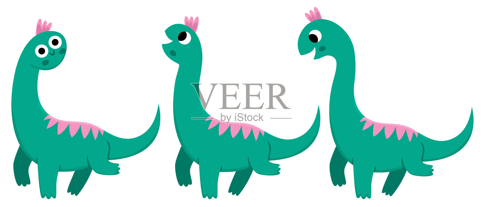 向量腕龙图标集。可爱的恐龙插图的孩子。有趣的恐龙剪贴画收集孤立在白色背景上的孩子。卡通史前动物图插画图片素材