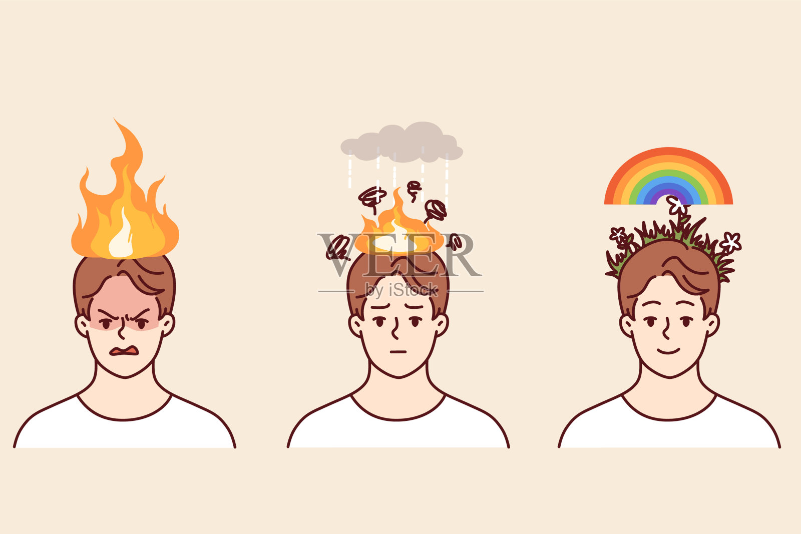 男人感到解脱，清除了心理上的消极，站在火焰或彩虹的头上插画图片素材